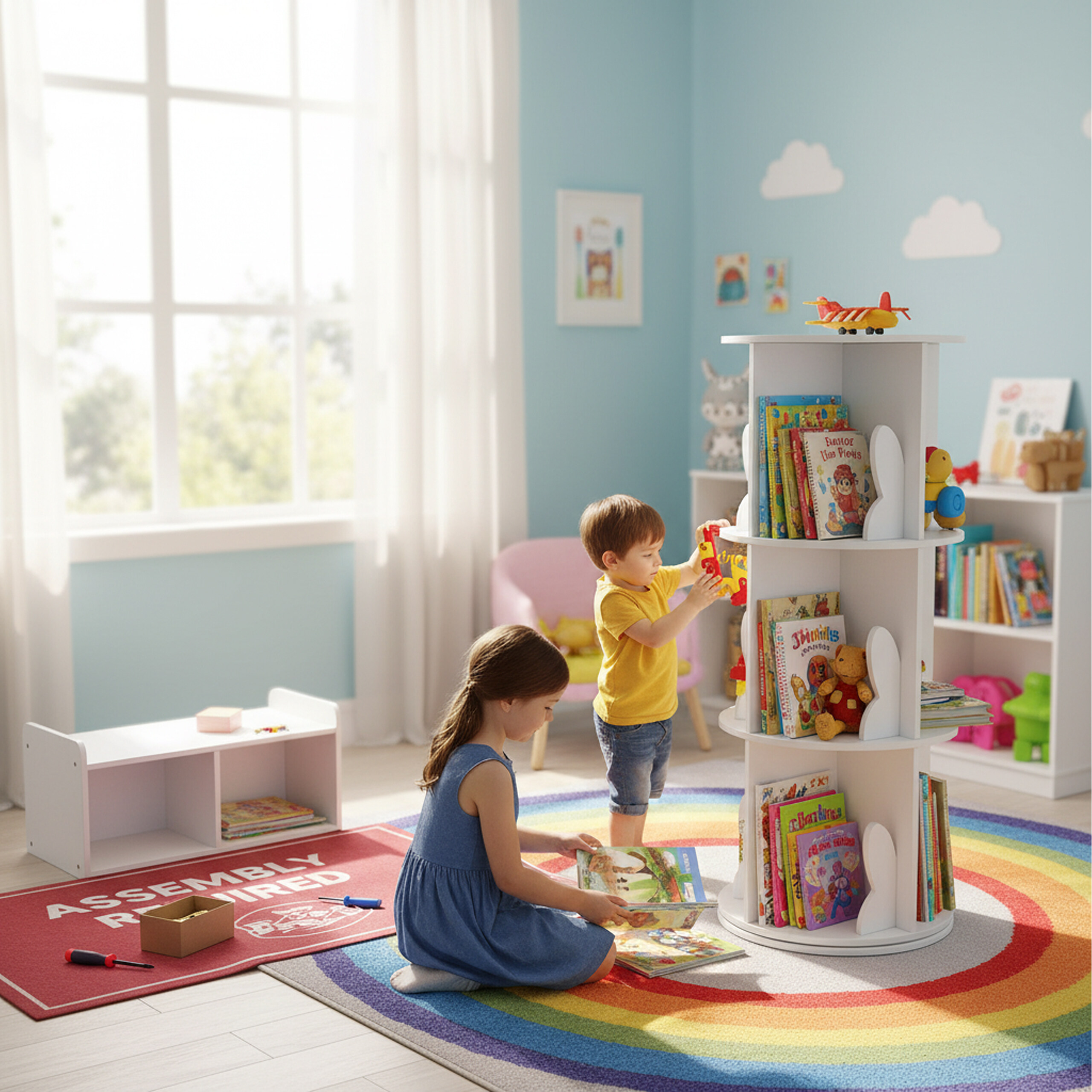 Zwei Kinder spielen in einem hellen Zimmer mit einem weißen, drehbaren Bücherregal.