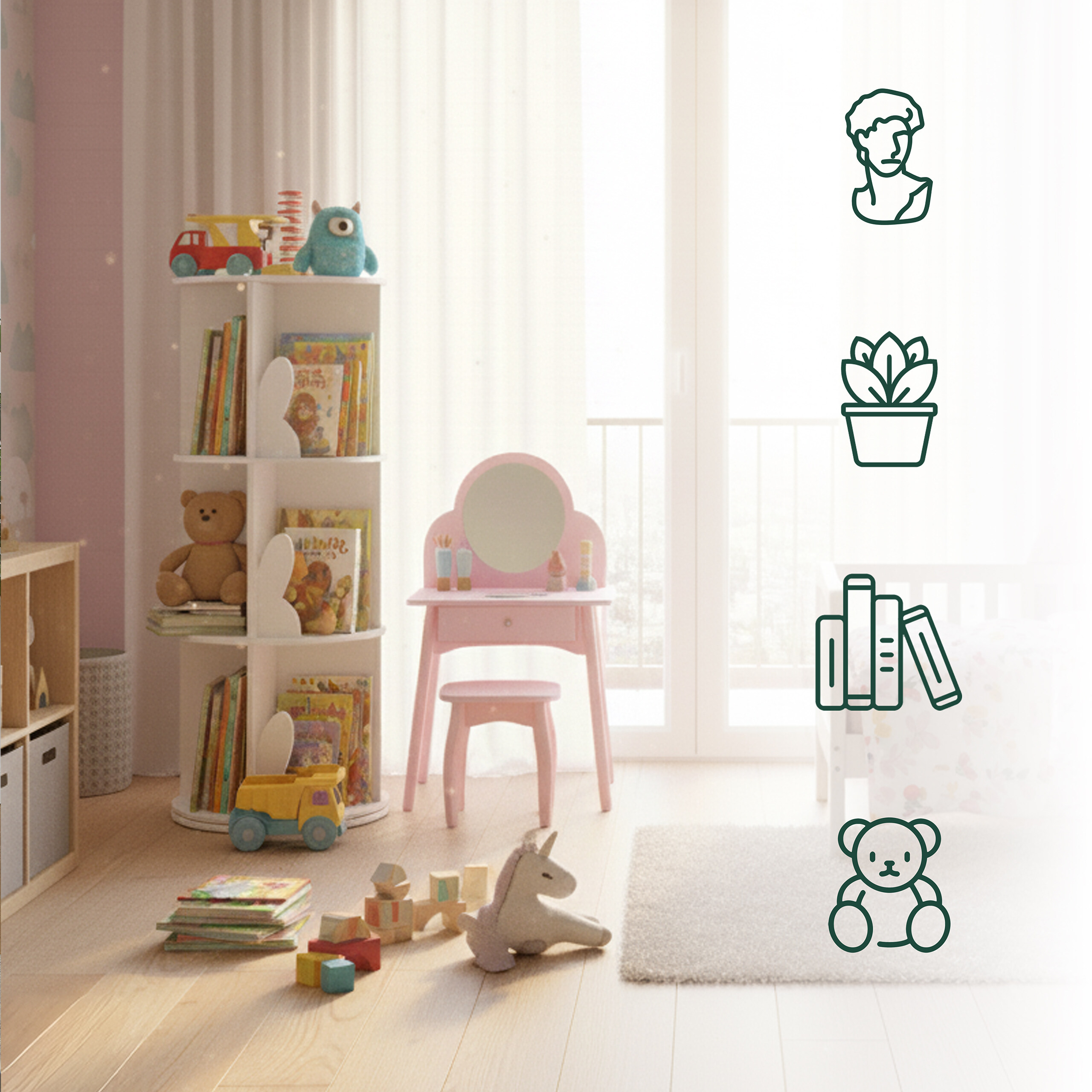 Kinderspielzimmer mit weißem Regal, rosa Schminktisch und Spielzeug auf dem Holzboden.