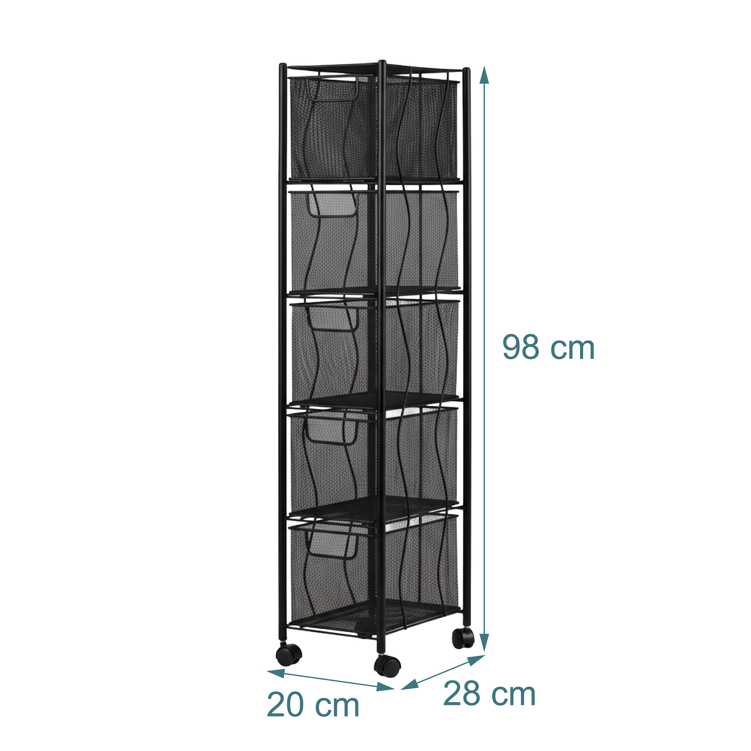 Schwarzes Metallregal mit fünf Körben und Rollen, Höhe 98 cm, Breite 20 cm, Tiefe 28 cm.