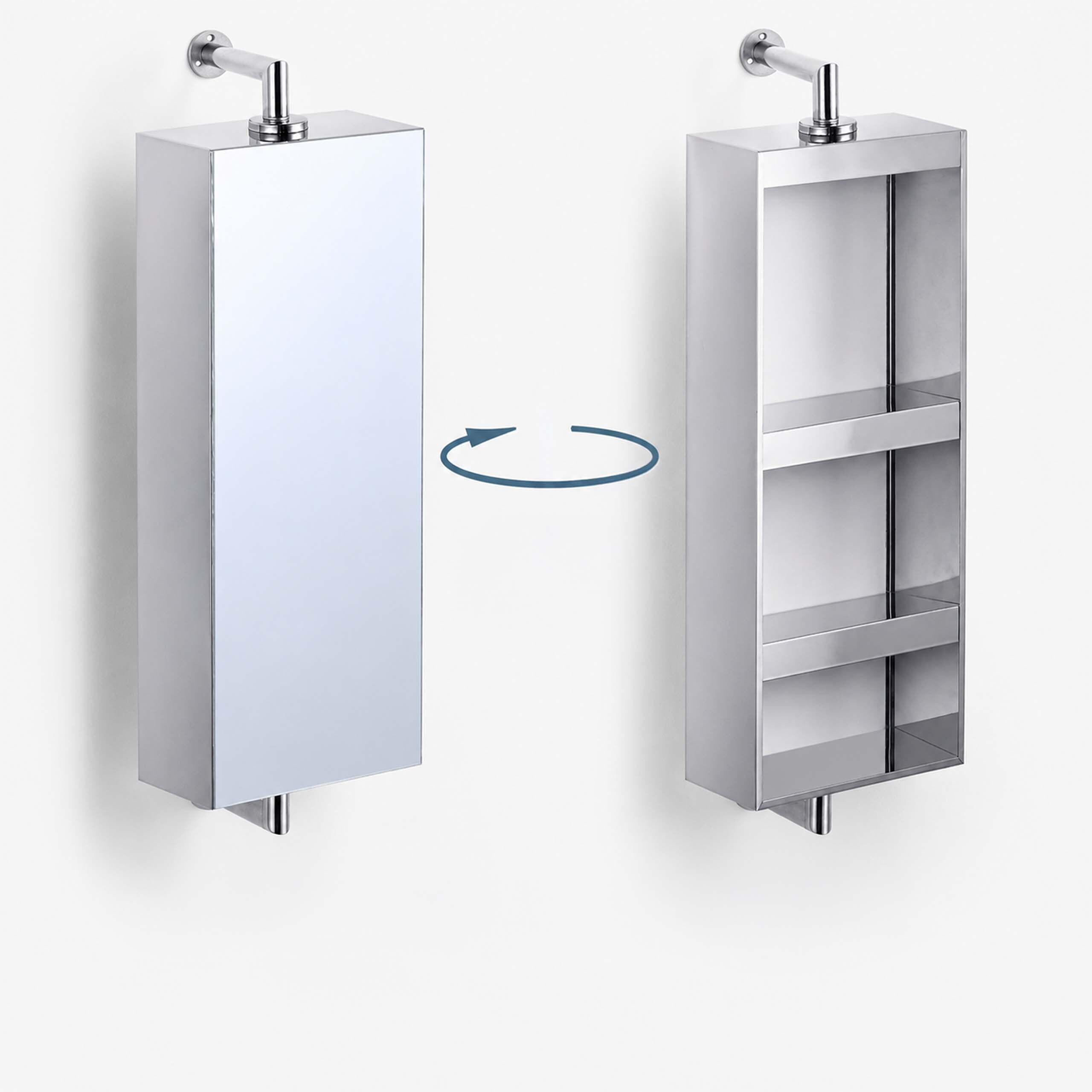 Wandmontierter Edelstahlschrank, links mit Spiegel und rechts mit drei offenen Regalen, durch einen Pfeil verbunden.