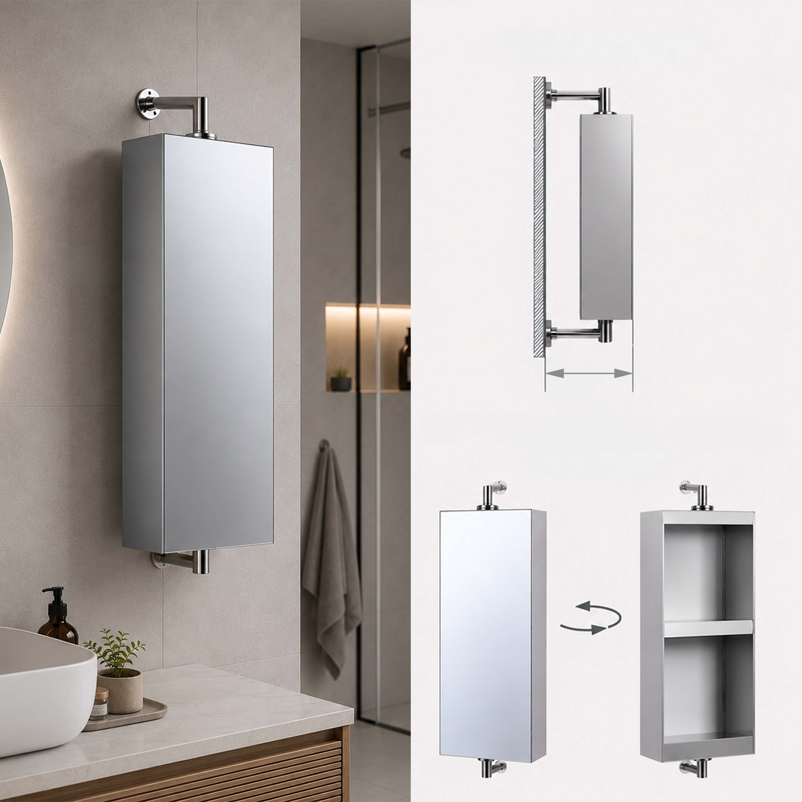 Ein hängender Sp Badschrank mit drehbarem Spiegelel.