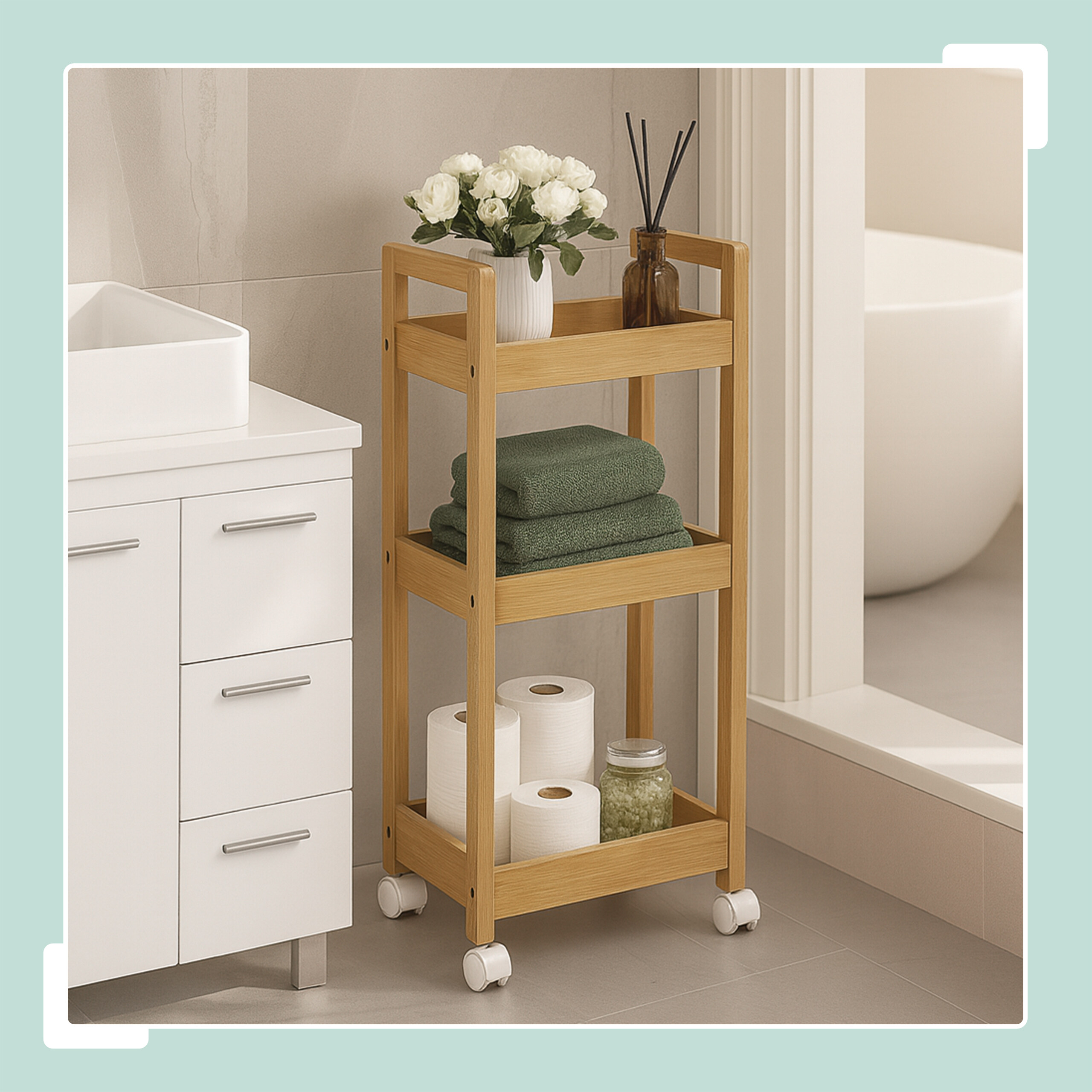 Ein dreistöckiger Holzrollwagen im Badezimmer mit Handtüchern, Blumen und Toilettenpapier.