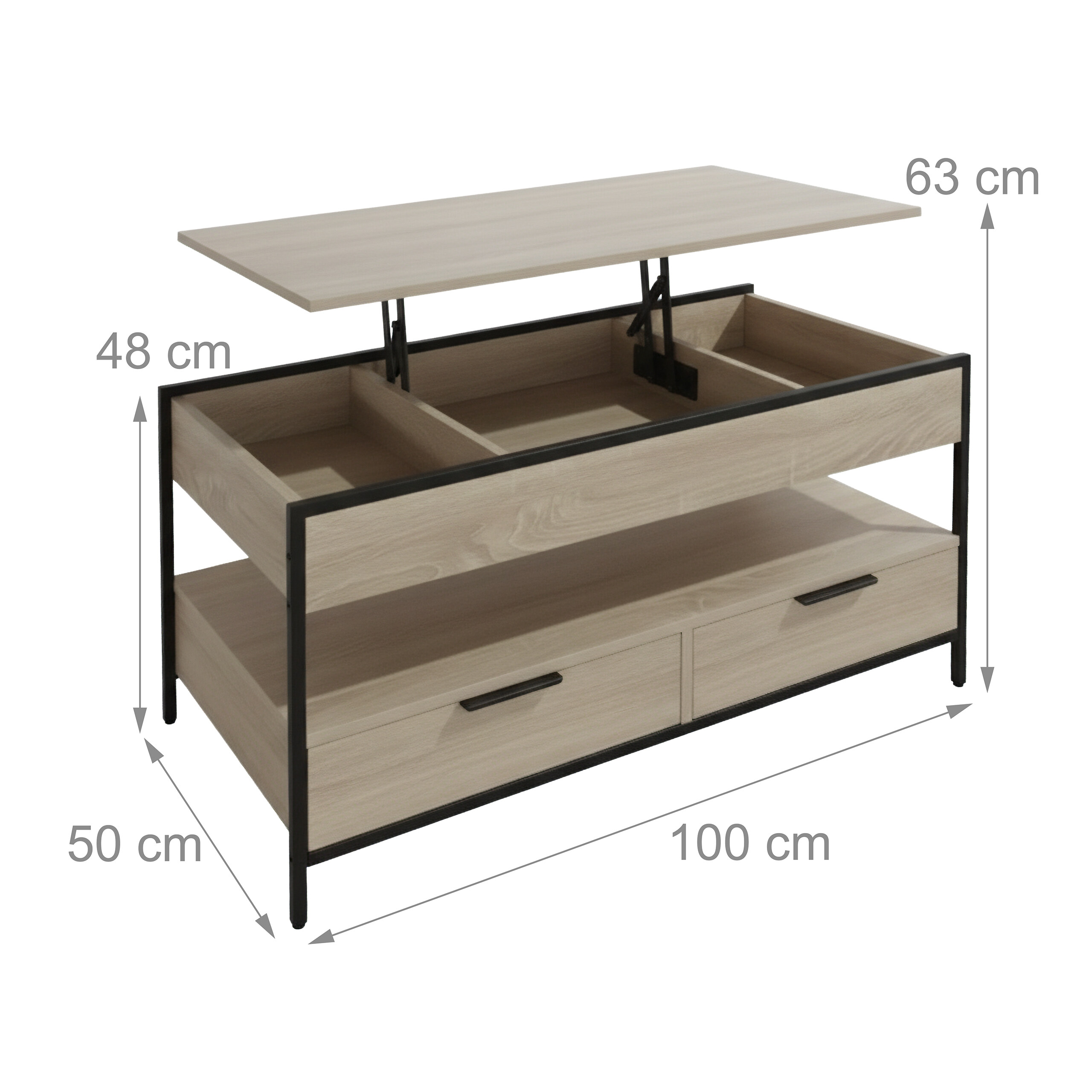 Holz-Couchtisch mit schwarzem Metallgestell, Hubplatte und zwei unteren Schubladen, inklusive Maßangaben.