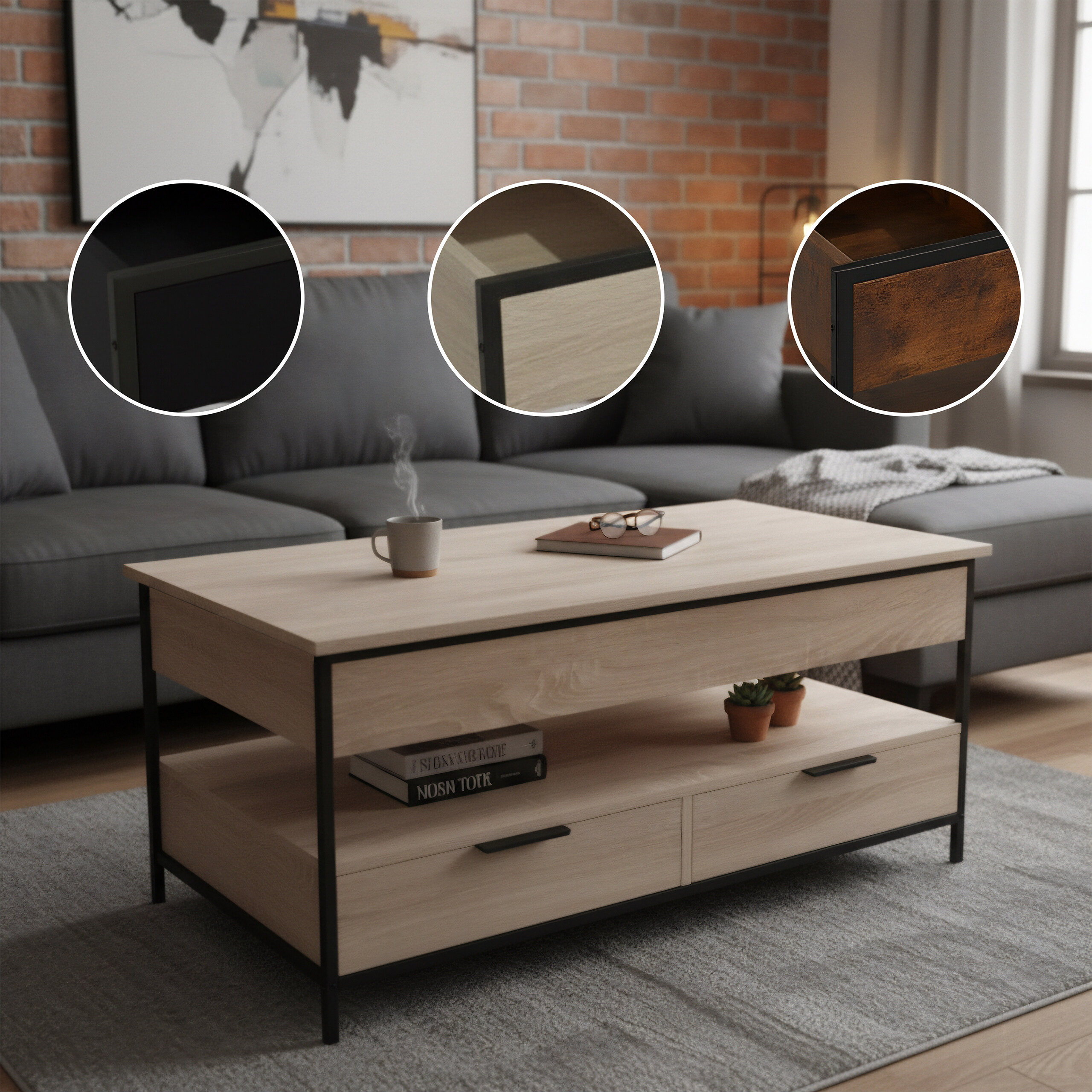 Holzfarbener Couchtisch mit schwarzem Metallgestell, Schubladen und offener Ablage, davor ein graues Sofa.