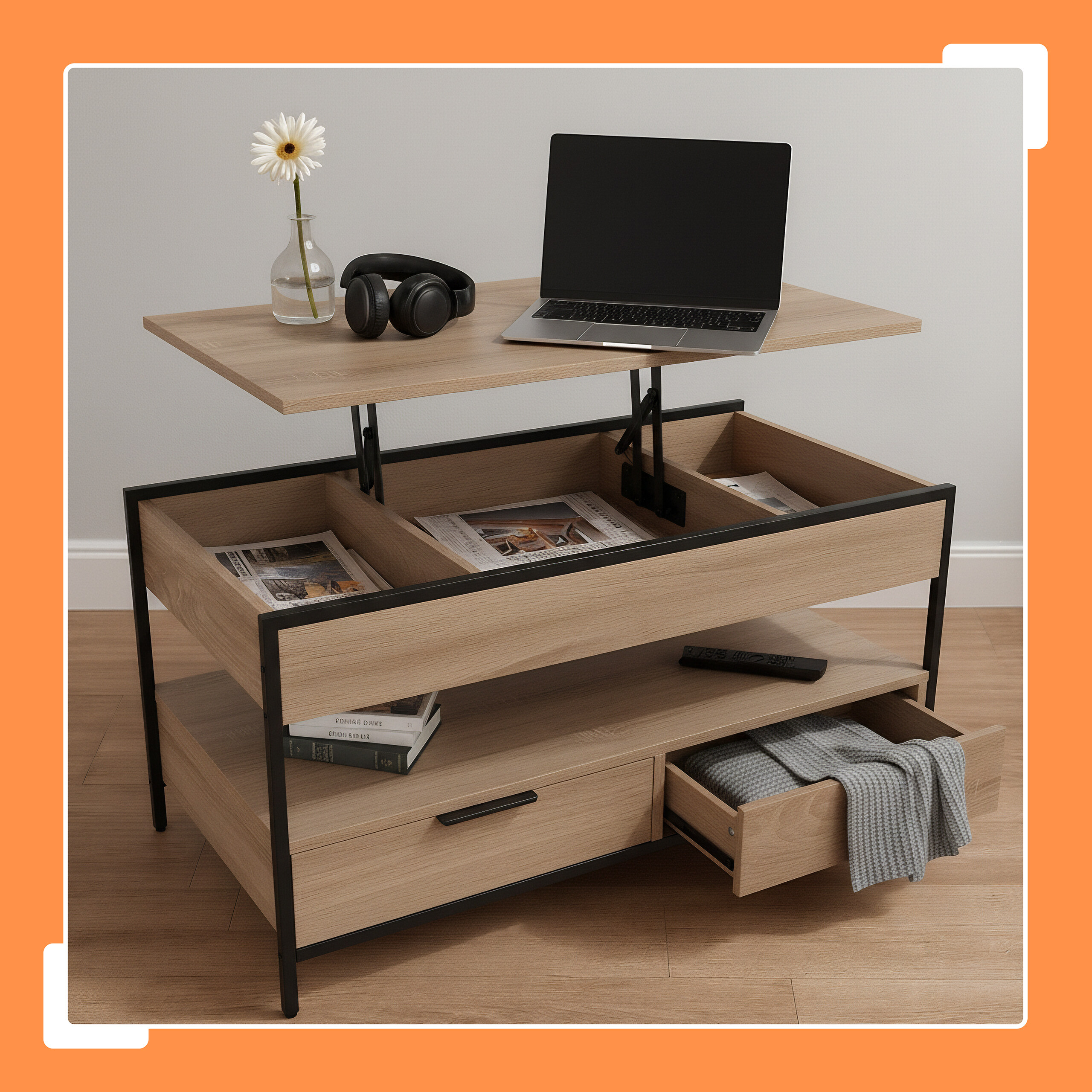 Holz-Couchtisch mit Hubplatte, offenem Fach, Regalen, Schubladen mit Decke und Laptop oben.