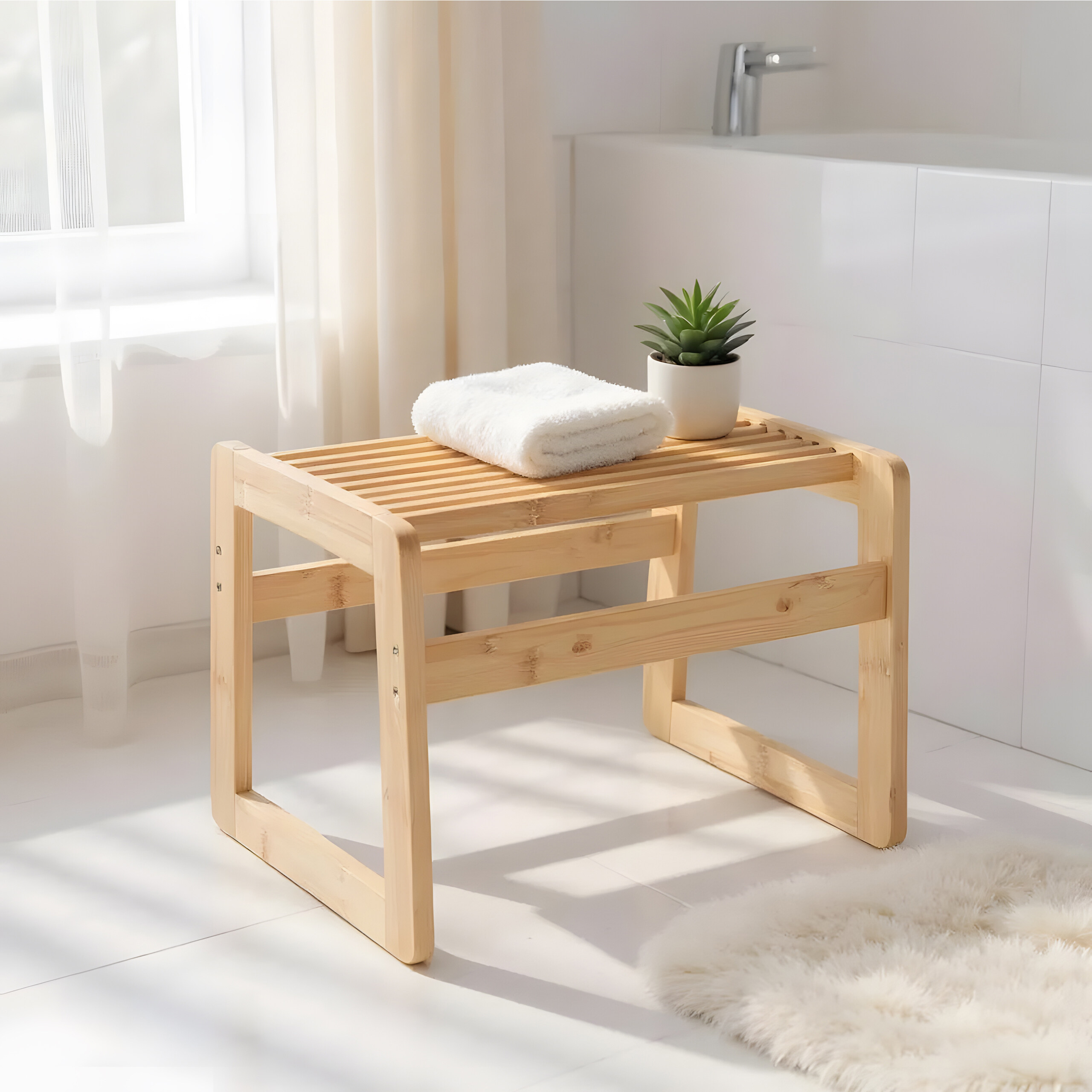 Ein hölzerner Hocker im Badezimmer mit einem weißen Handtuch und einer kleinen Pflanze oben drauf.