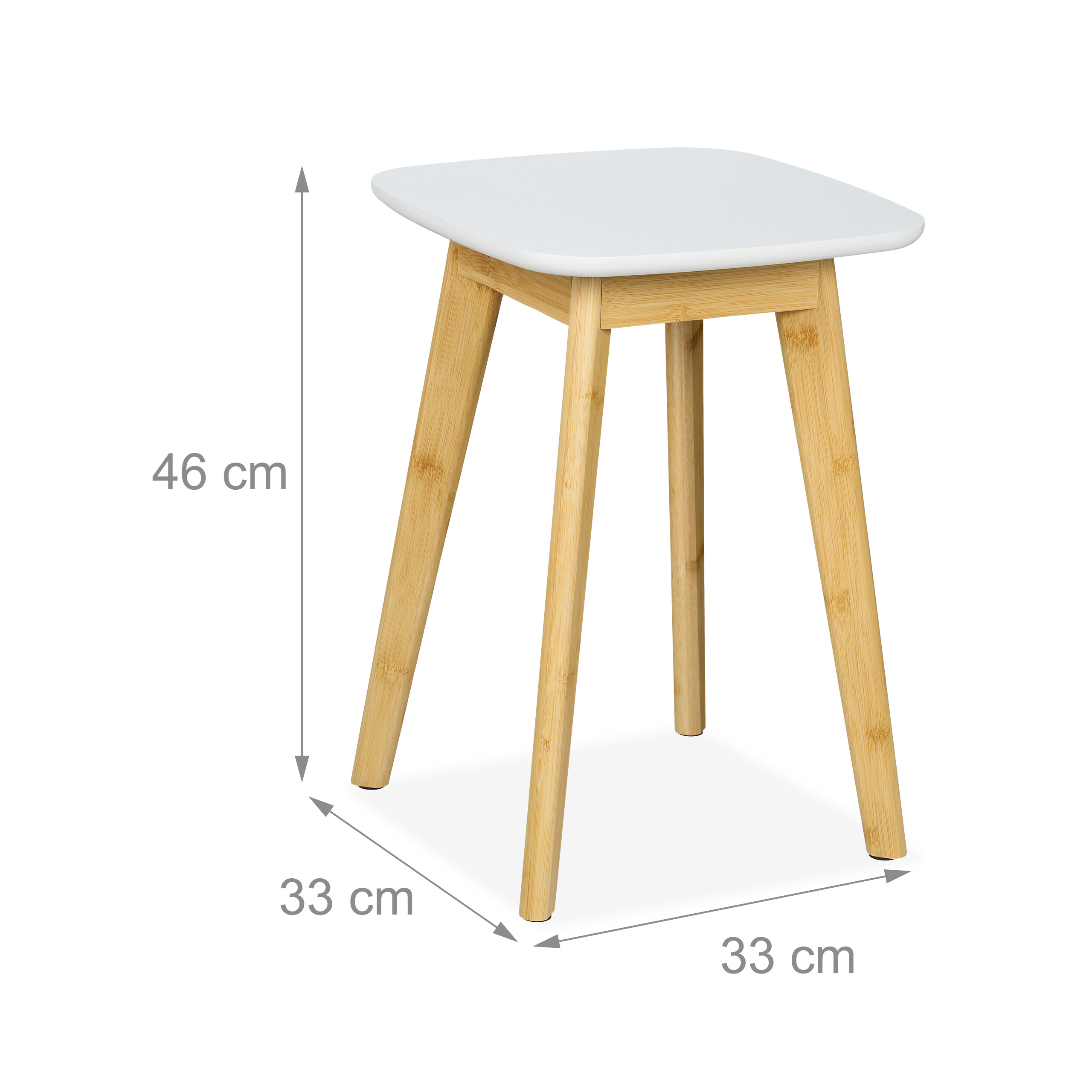 Ein weißer Hocker mit vier Holzbeinen und Maßangaben von 46 cm Höhe und 33 cm Breite.