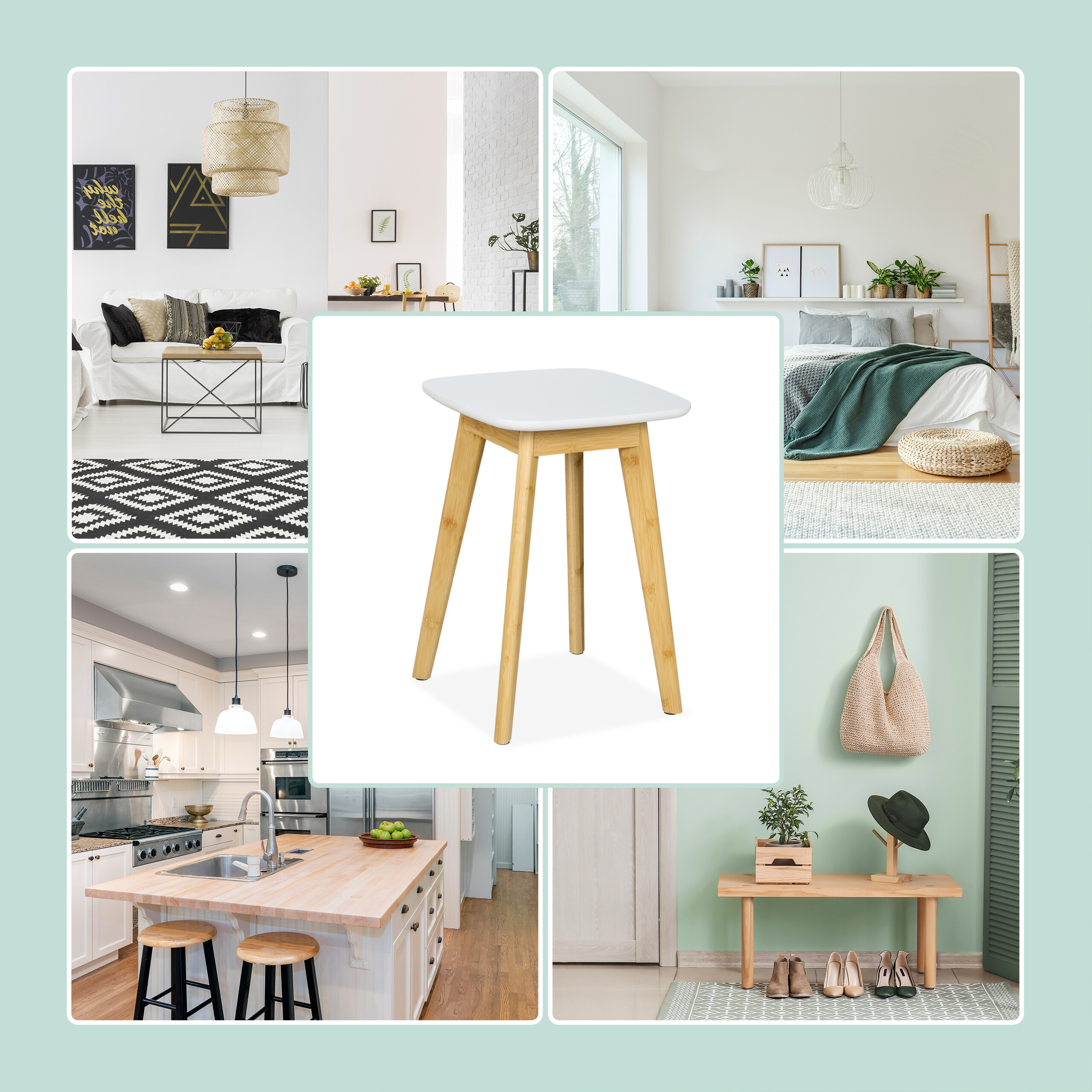 Collage von Zimmern mit einem modernen Barhocker mit weißem Sitz und Holzbeinen in der Mitte.