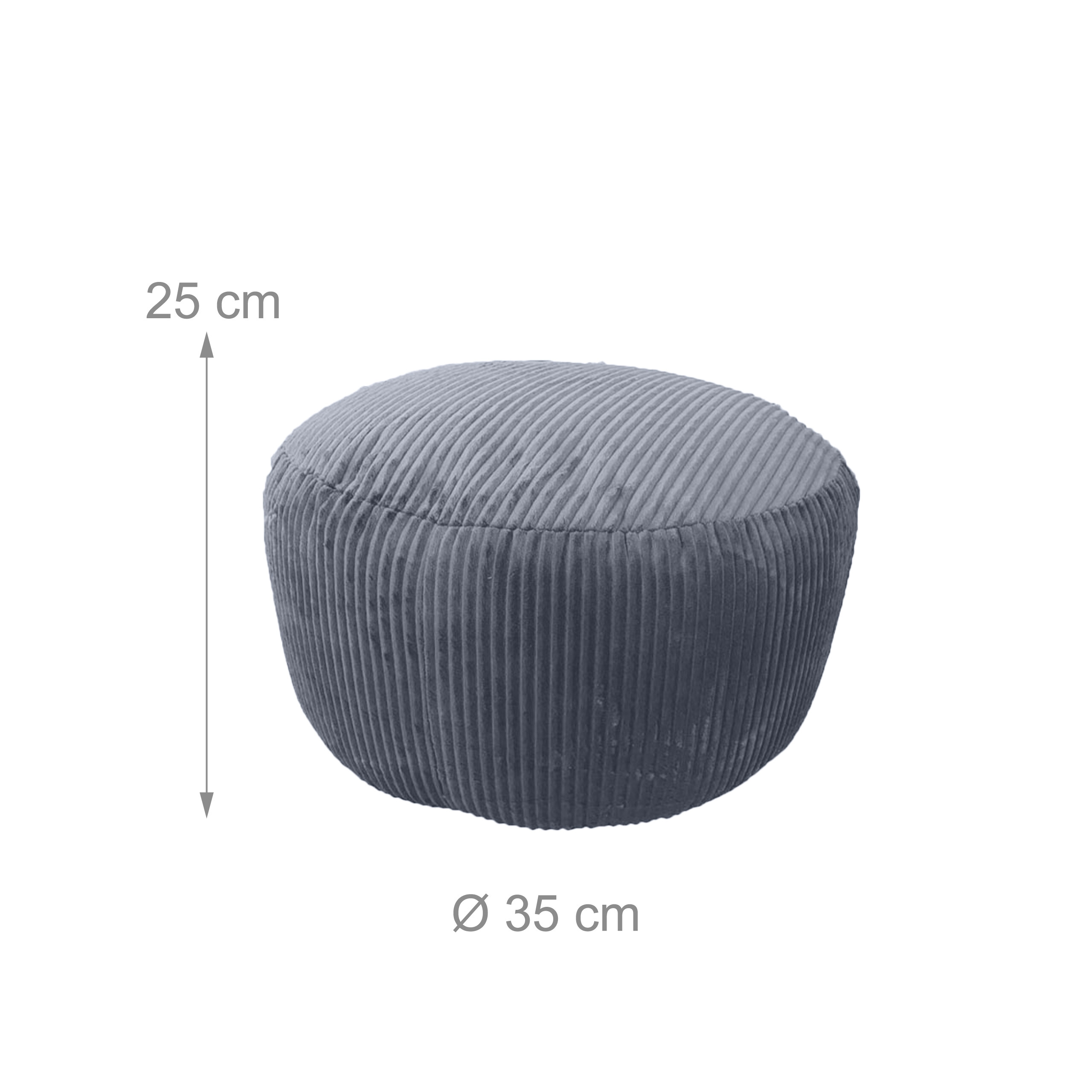 Grauer runder Cordpouf, 25 cm hoch und 35 cm im Durchmesser.