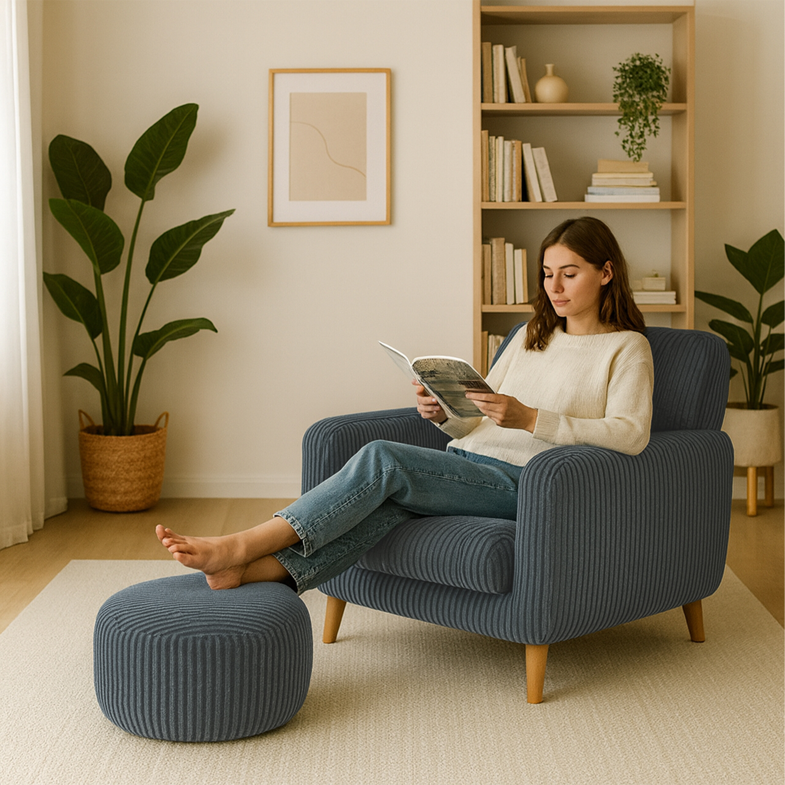 Eine Frau in einem hellen Pullover liest in einem blauen Sessel mit Fußhocker in einem hellen Raum mit Pflanzen.