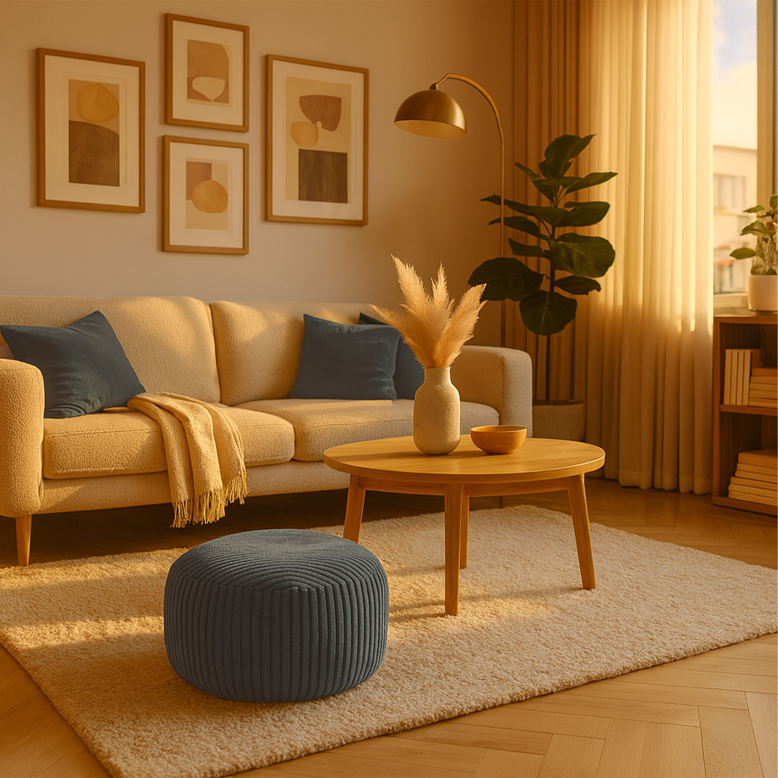Gemütliches Wohnzimmer mit beiger Couch, blauem Pouf, Holztisch, Pflanzen und gerahmter Kunst an der Wand.