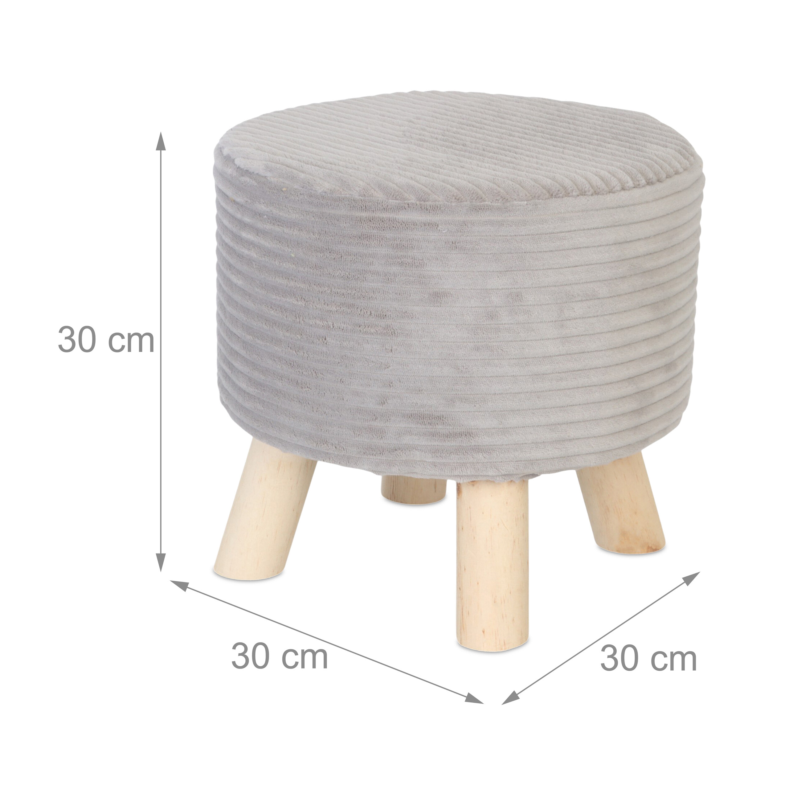 Grauer runder Hocker aus Cord mit Holzbeinen, 30x30x30 cm.