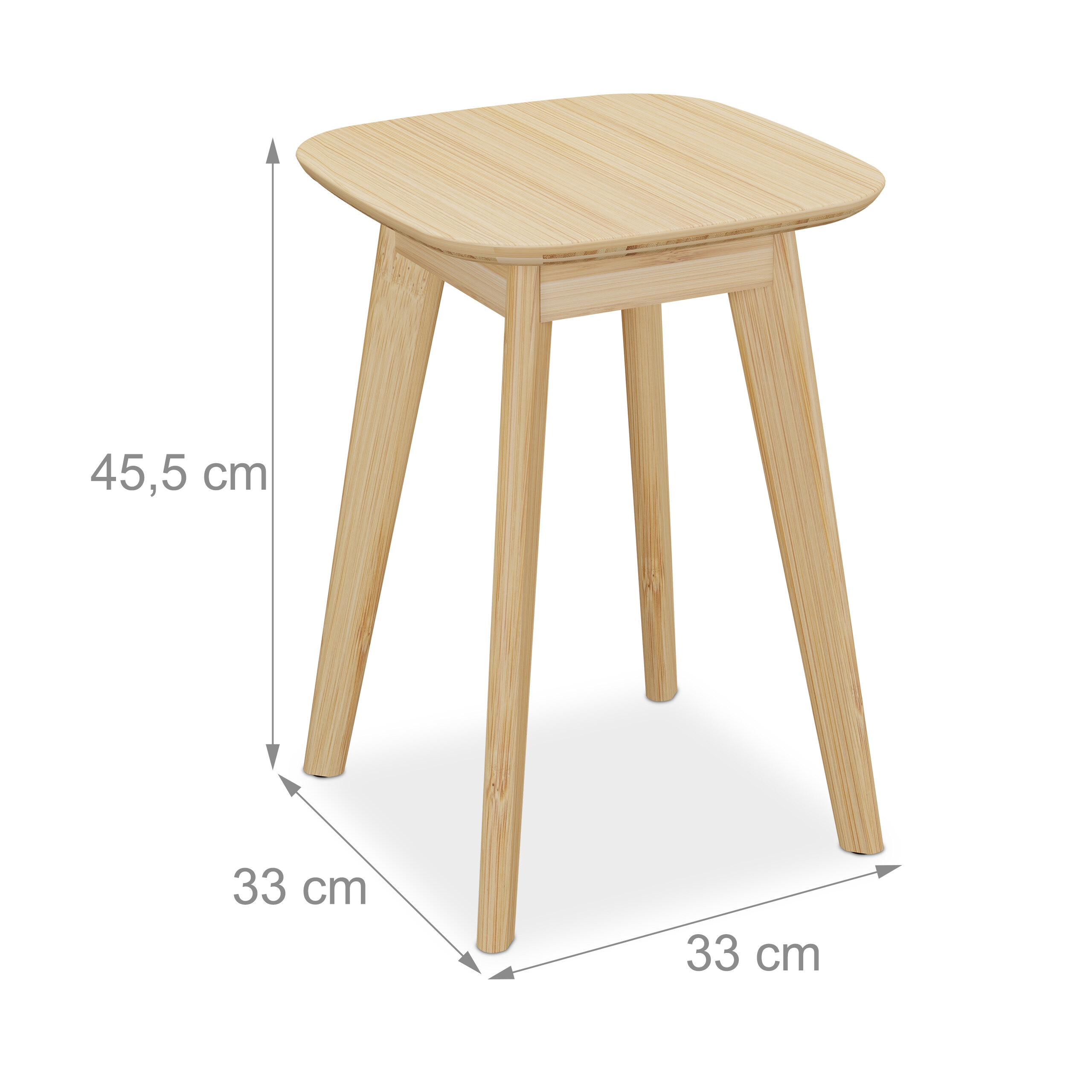 Ein helles Holz-Hocker mit vier angewinkelten Beinen und Maßangaben von 45,5 cm Höhe und 33 cm Breite.