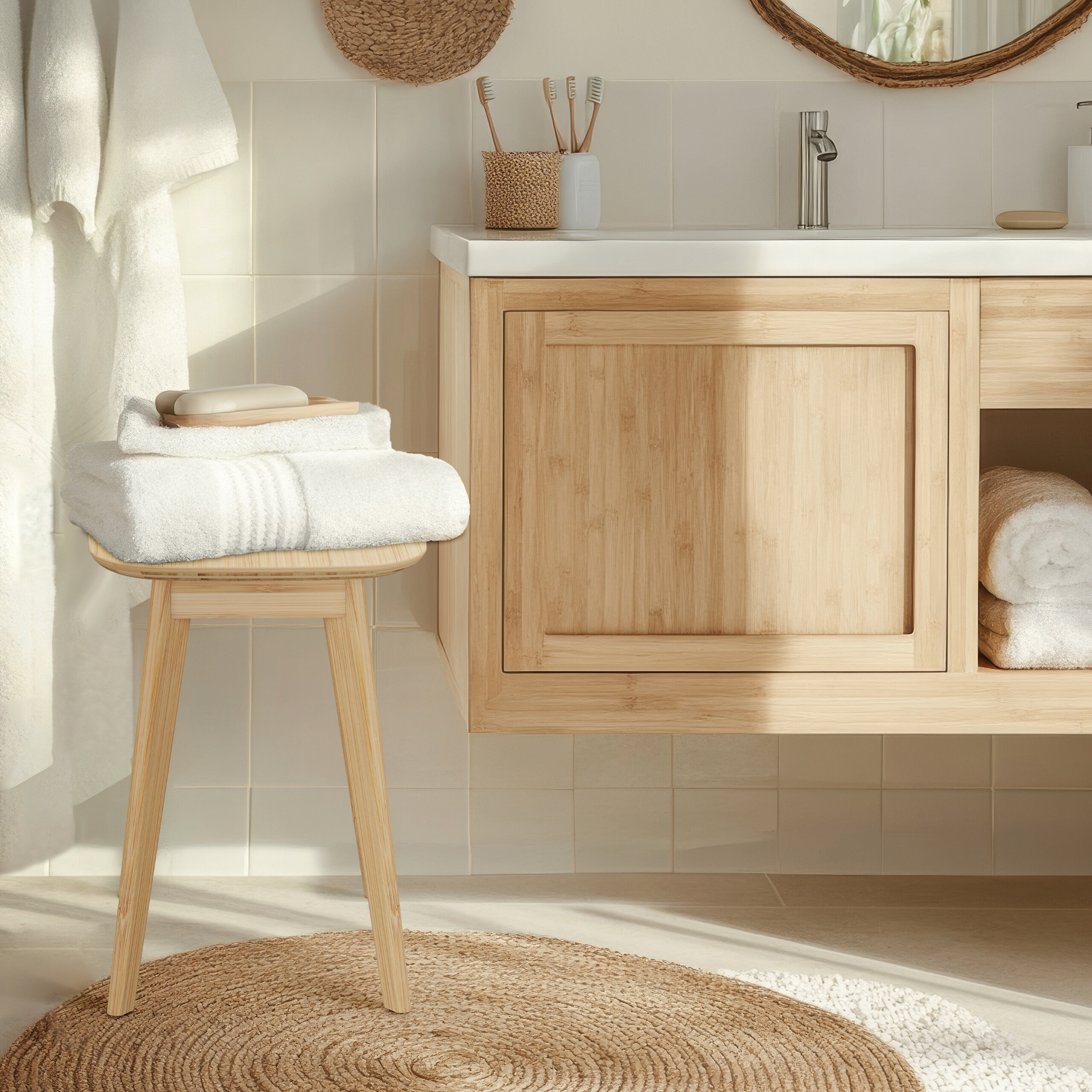 Badezimmer mit Holzmöbeln, gefalteten Handtüchern auf einem Holzhocker und weißen Fliesen.