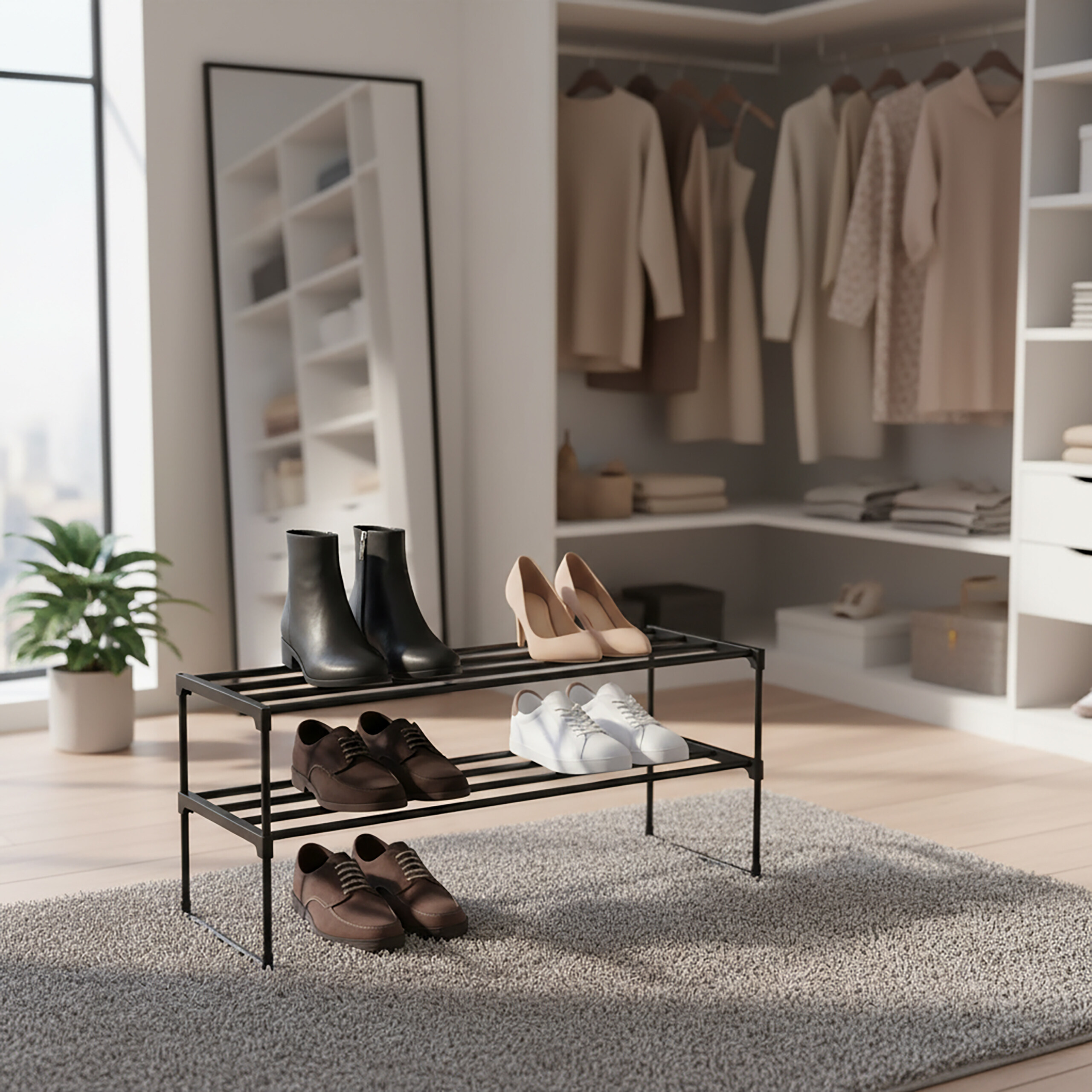 Ein Schuhregal mit Stiefeln, Pumps und Turnschuhen steht in einem hellen begehbaren Kleiderschrank.