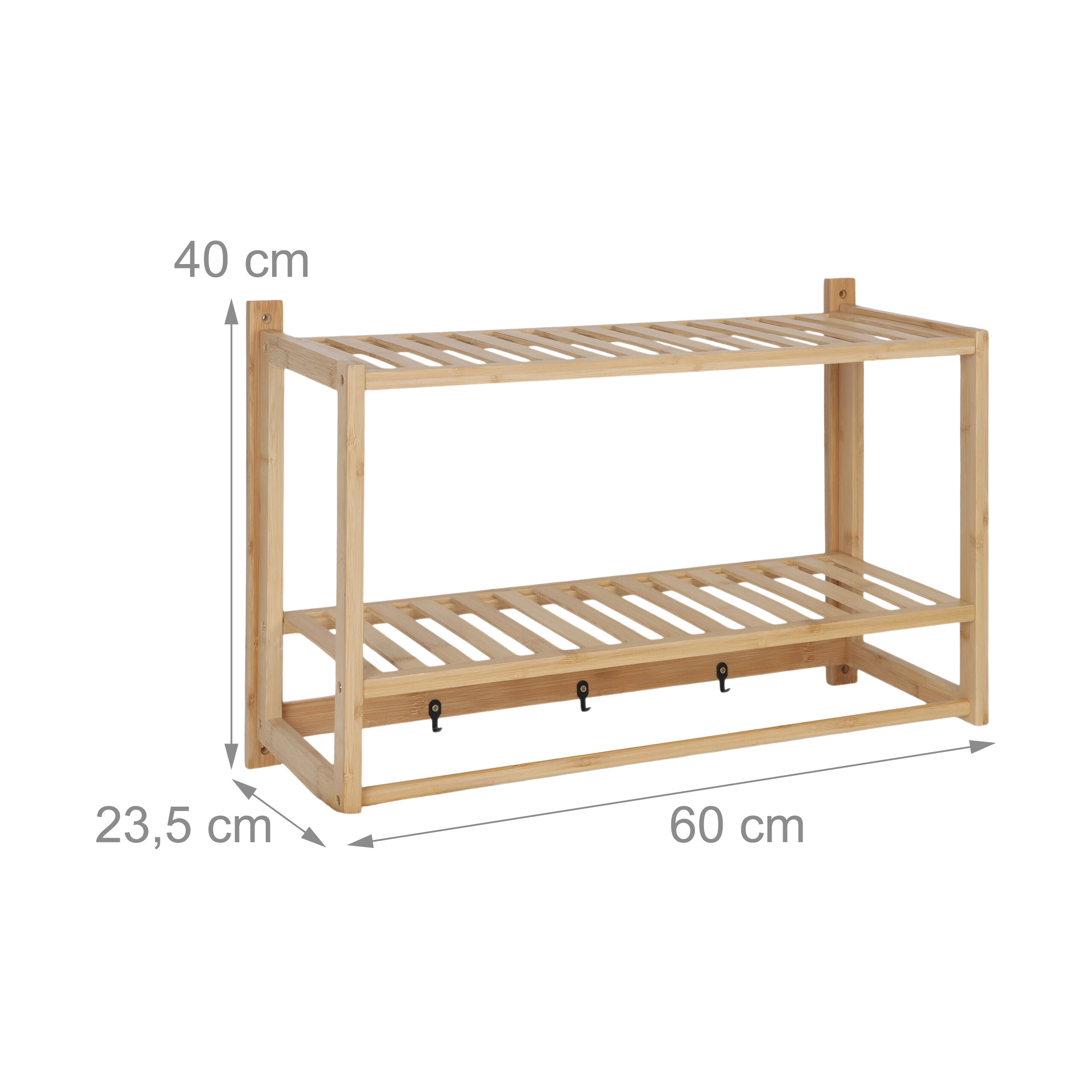 Ein zweistöckiges Holzwandregal mit Haken und den Maßen 60x23,5x40 cm auf weißem Hintergrund.