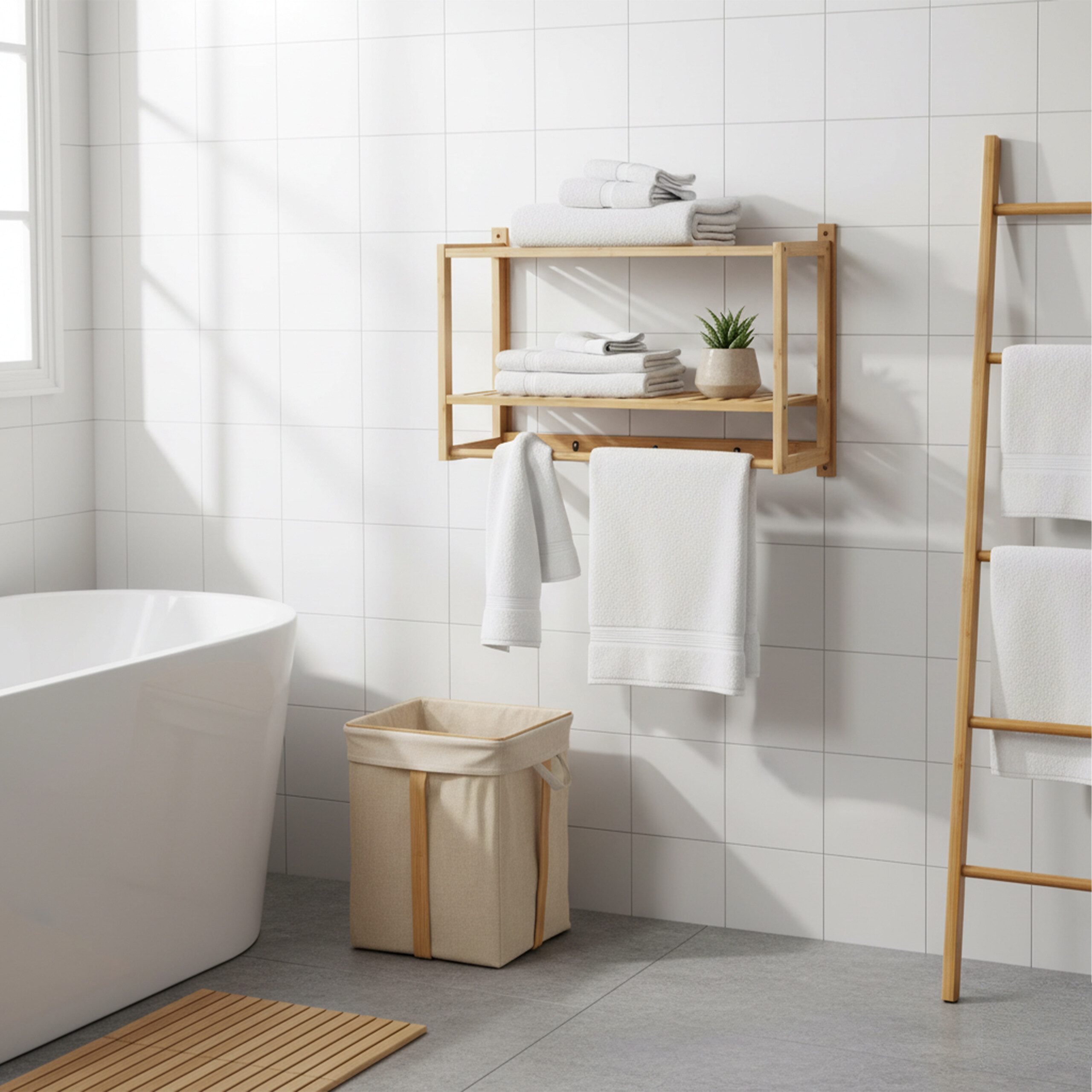 Badezimmer mit weißer Wanne, Holzwandregal mit weißen Handtüchern, Wäschekorb und Handtuchleiter an weißer Fliesenwand.