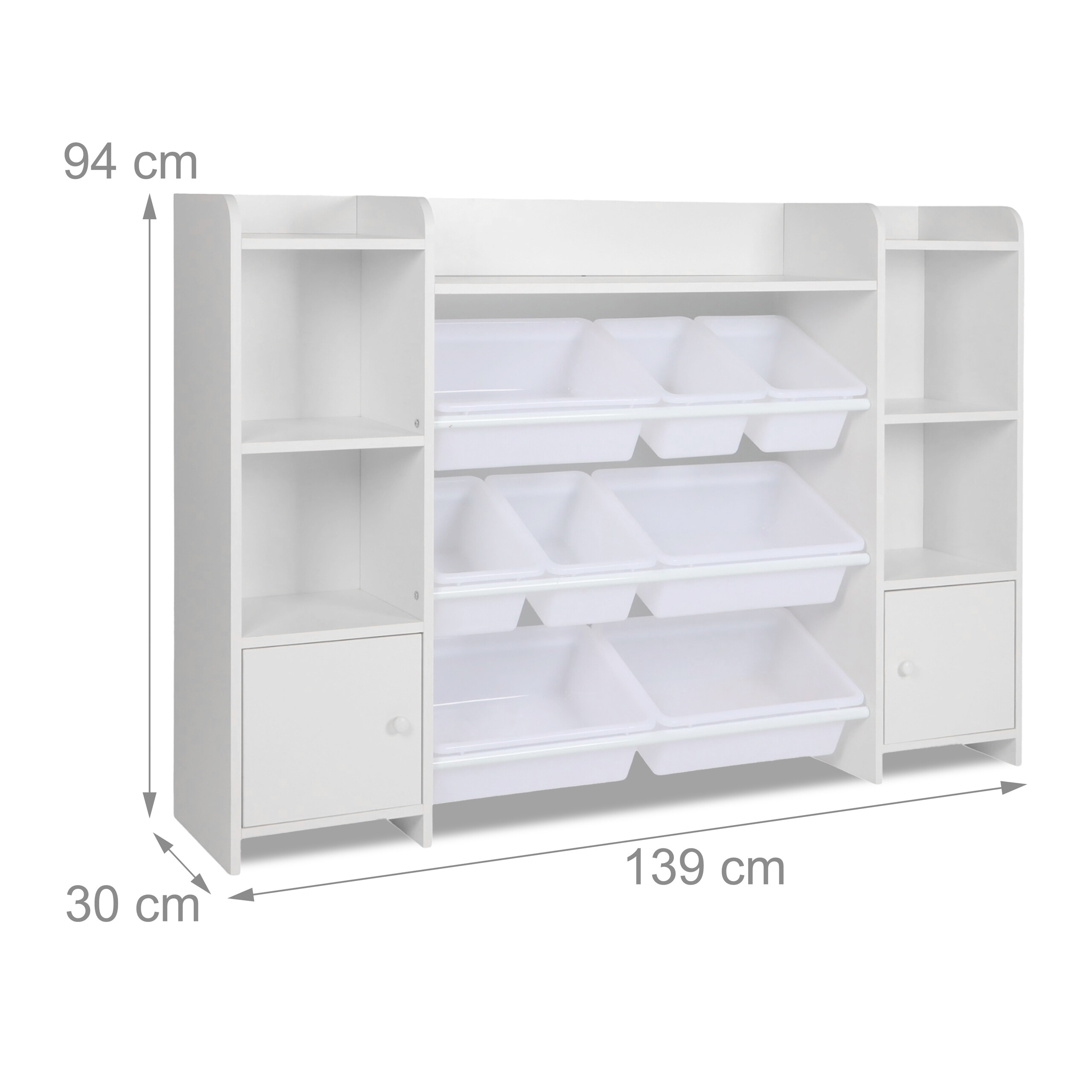 Weißes Regalsystem mit Fächern, Schränken und Plastikboxen, Maße: 94 cm Höhe, 139 cm Breite, 30 cm Tiefe.