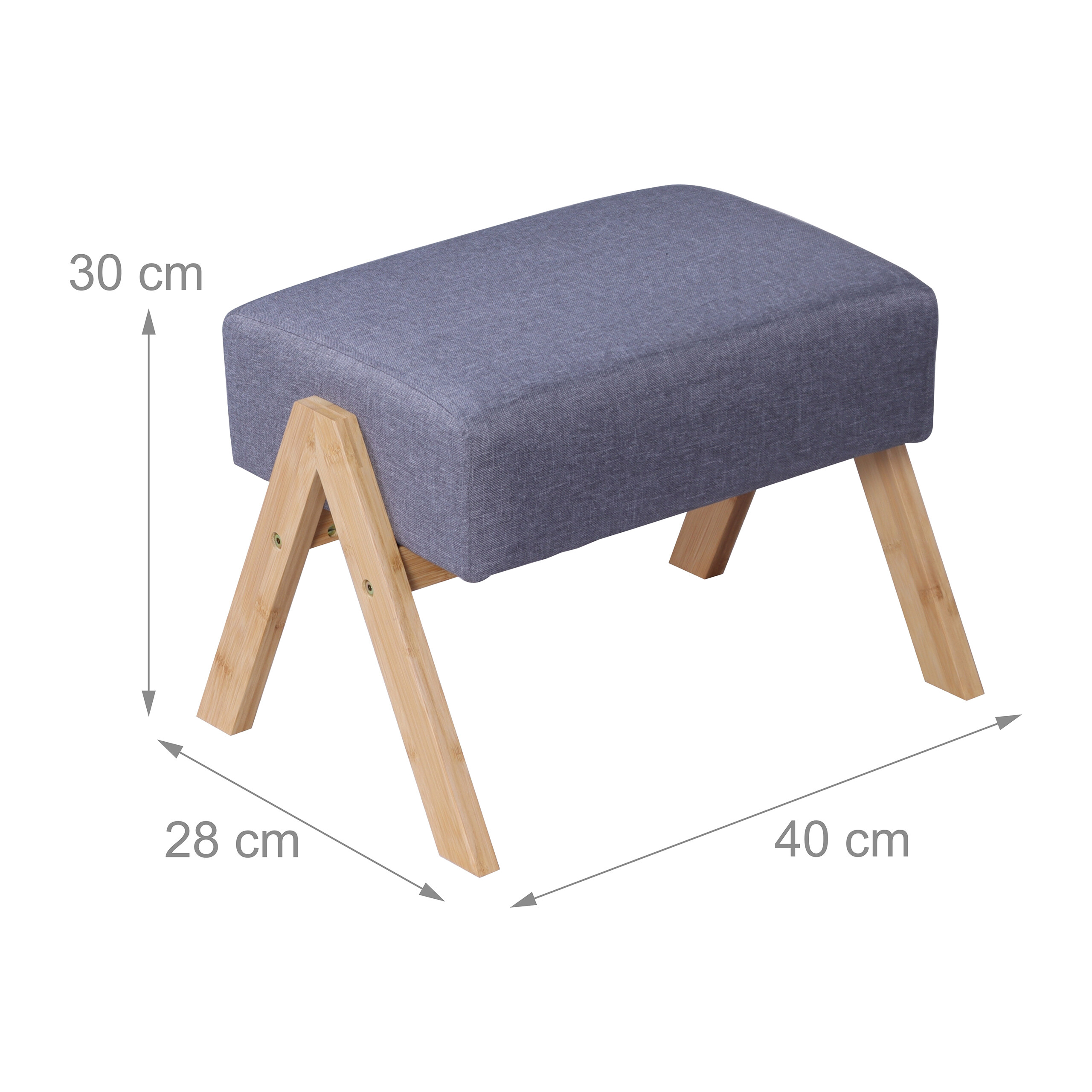 Ein grauer Polsterhocker mit hölzernen A-Beinen, 30 cm Höhe, 28 cm Breite und 40 cm Länge.