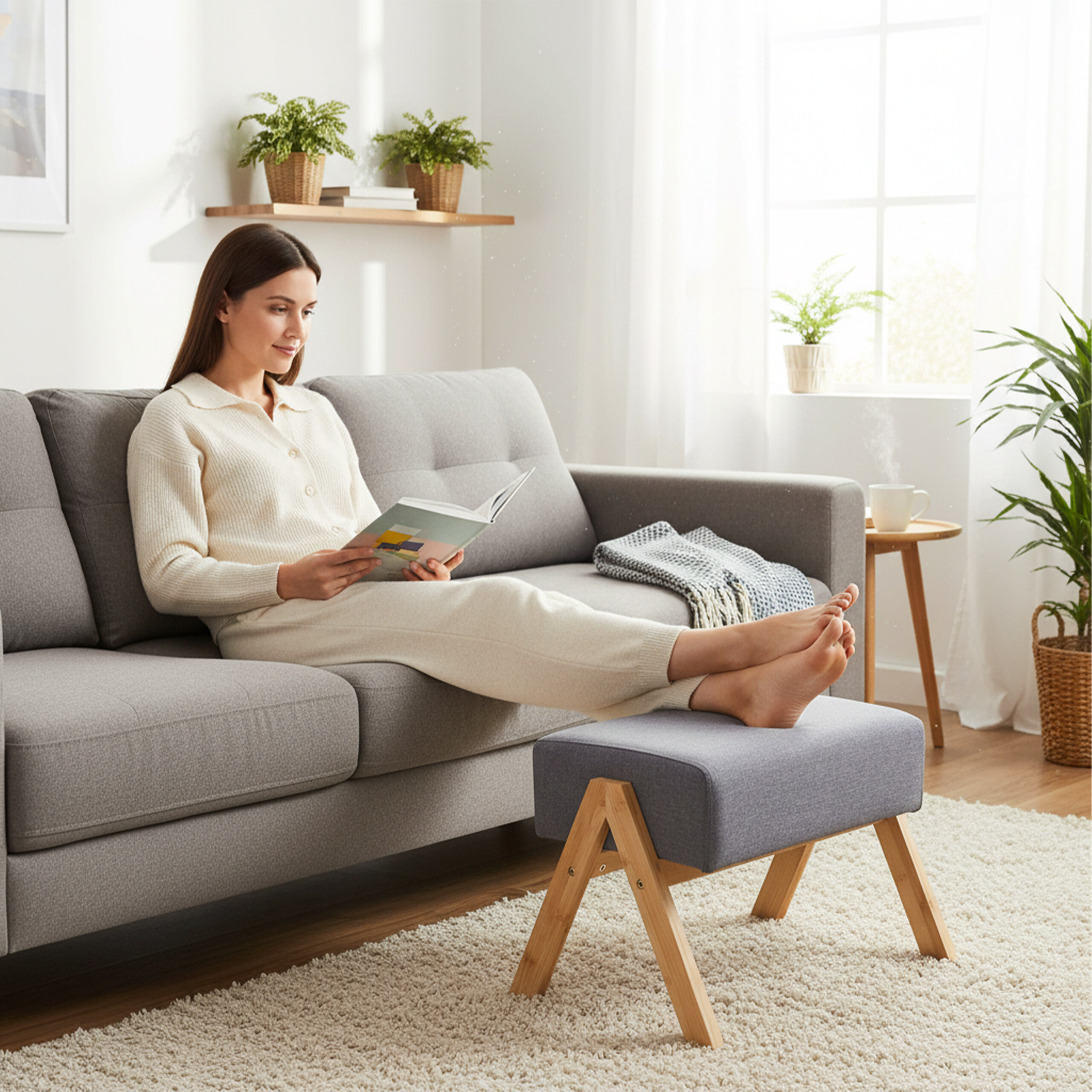 Eine Frau in weißer Kleidung sitzt auf einem grauen Sofa und liest ein Buch, während ihre Füße auf einem Hocker ruhen.