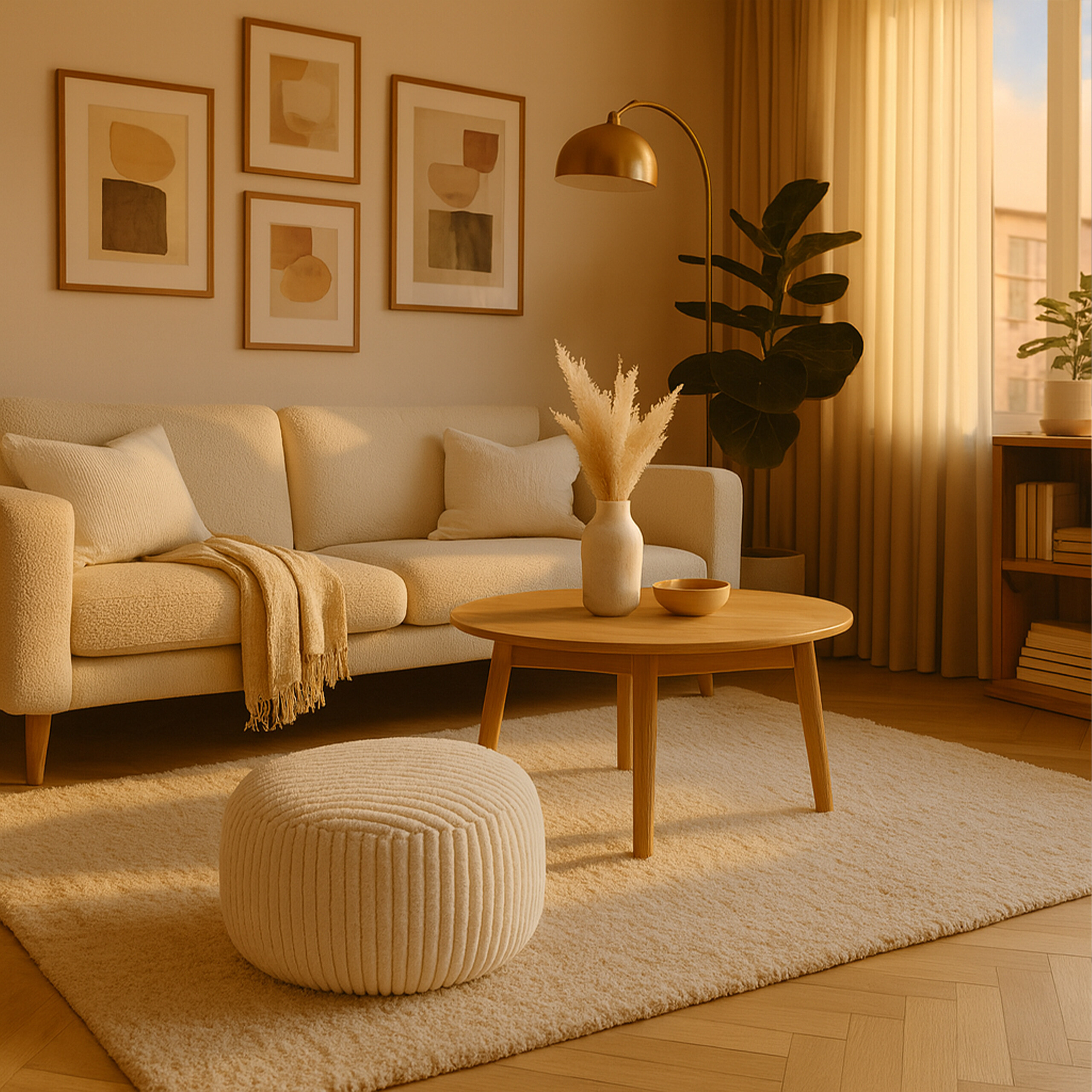 Ein sonniges Wohnzimmer mit hellem Sofa, rundem Holztisch, Hocker, Bildern und einer Topfpflanze.