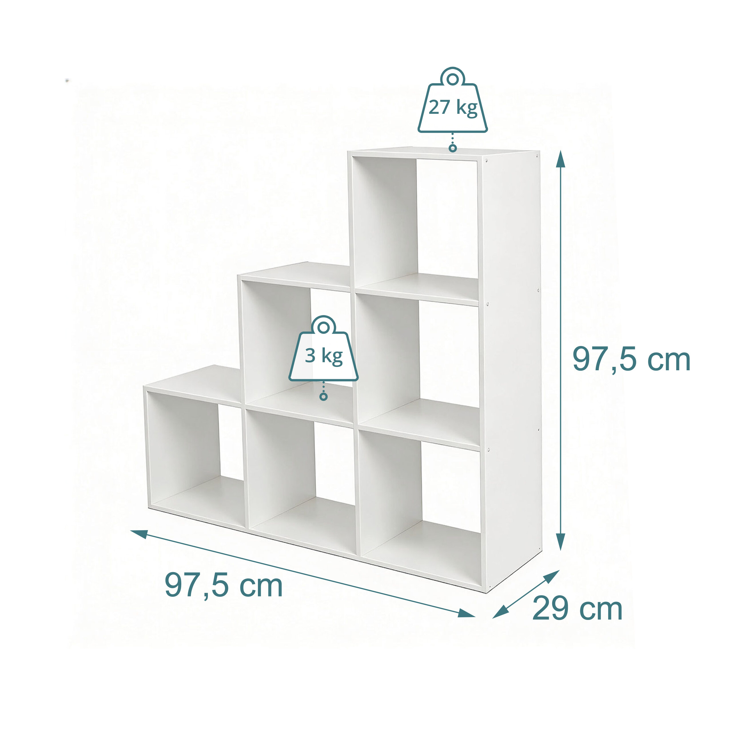Weißes Stufenregal mit Maßen von 97,5x97,5x29 cm und Tragkräften von 3 kg und 27 kg.