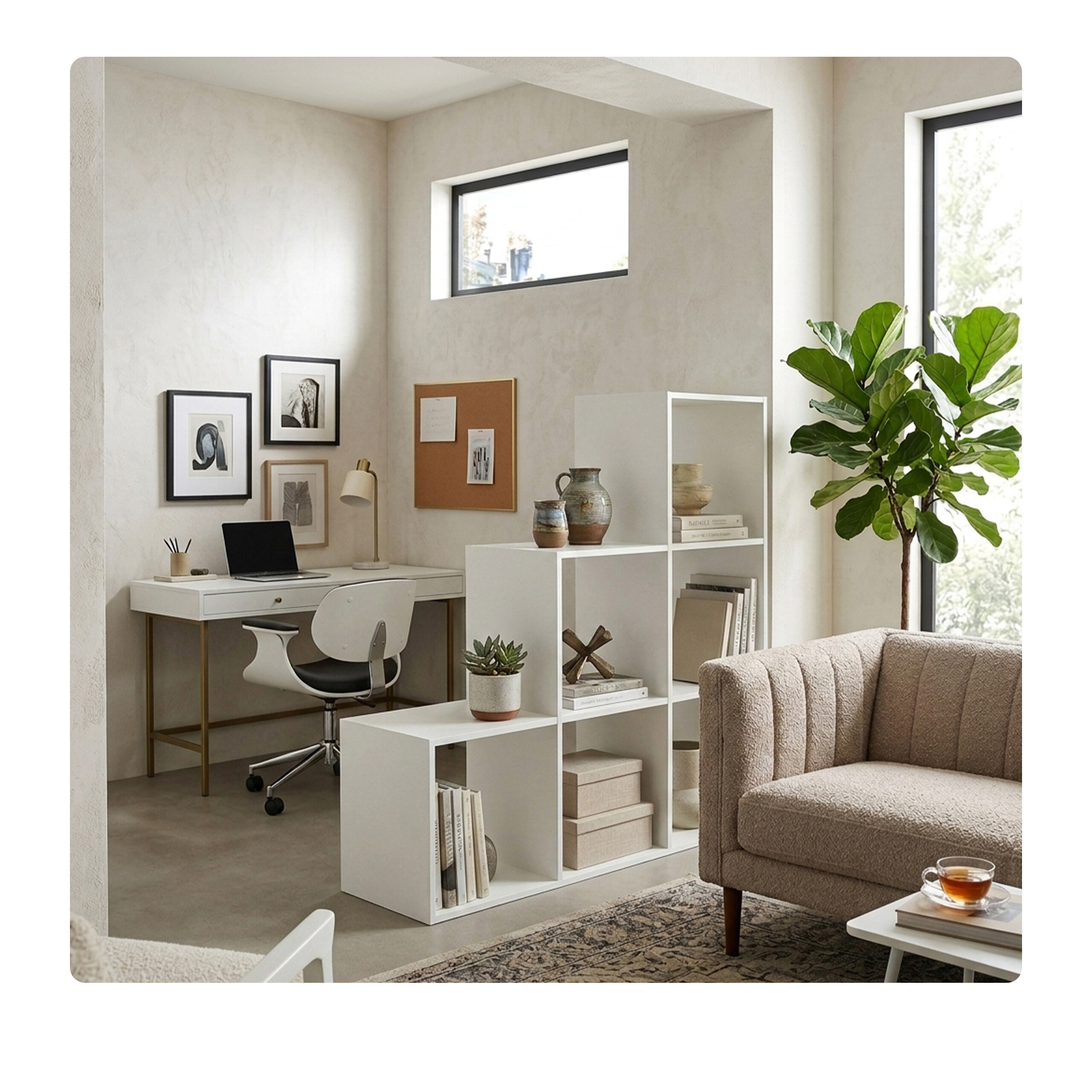 Moderne Raumgestaltung mit weißem Regal als Trenner, Schreibtisch und gemütlichem Sofa.