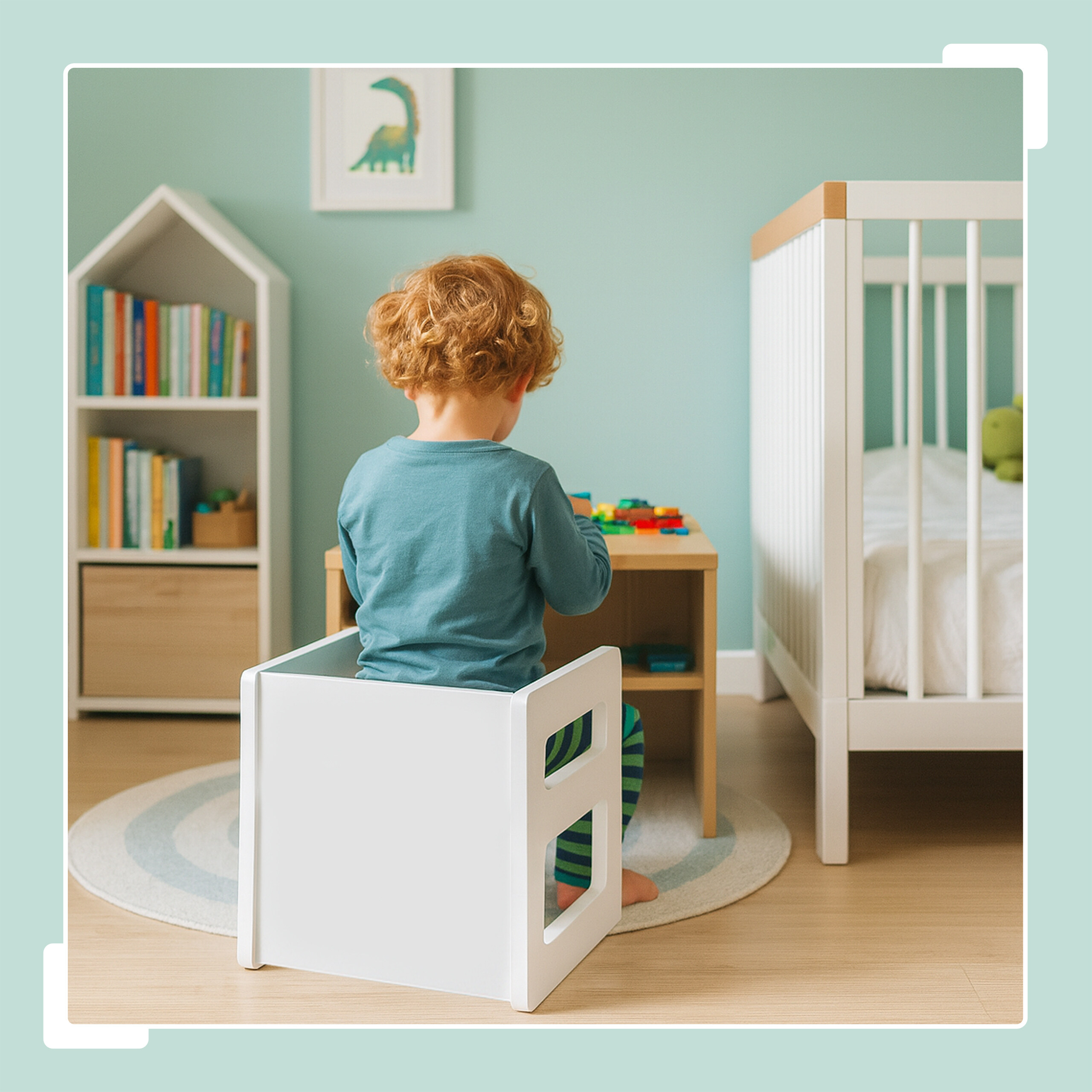 Ein Kind sitzt am Tisch im Kinderzimmer mit weißem Stuhl, Bücherregal und Bett.