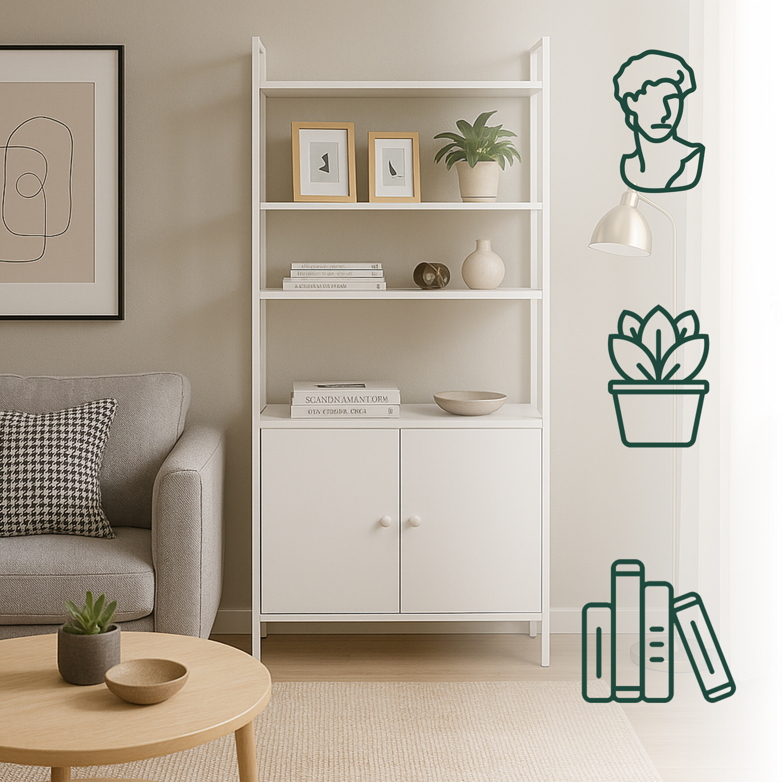 Ein Wohnzimmer mit weißem Regal, grauem Sofa, rundem Holztisch und gerahmter Kunst.