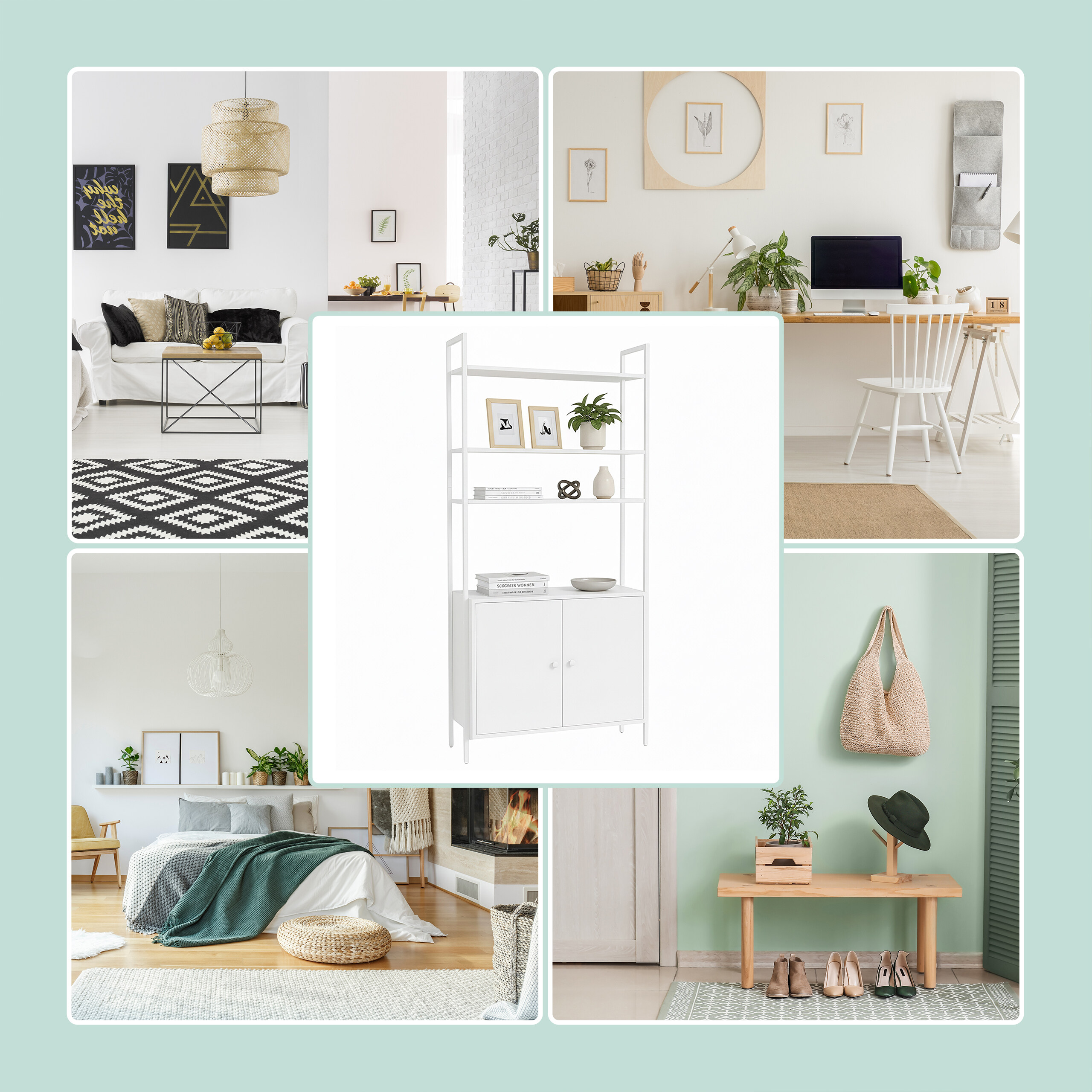 Collage aus modernen Innenräumen mit einem zentralen weißen Regal und verschiedenen Wohnaccessoires.