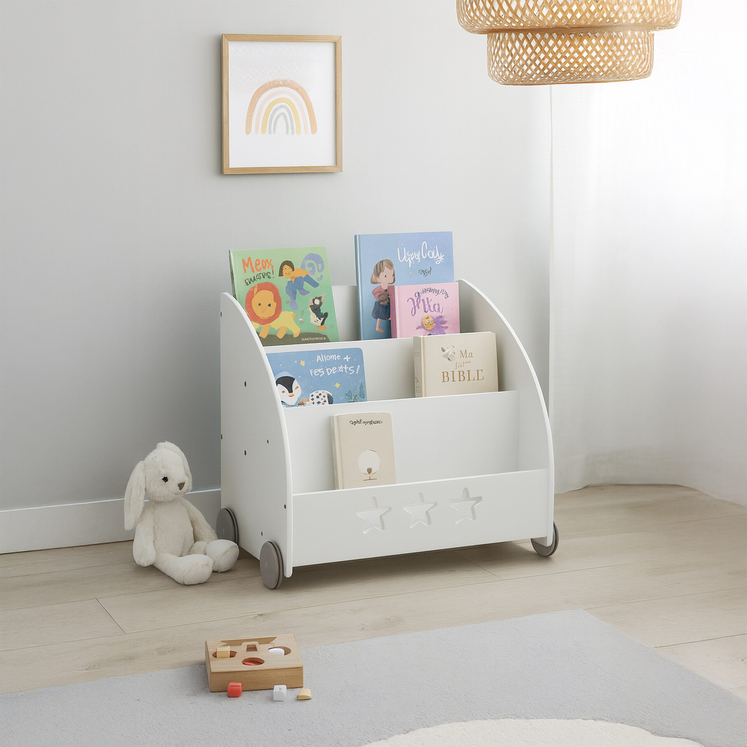 Kinderzimmer mit weißem Bücherregal auf Rädern, Kinderbüchern, Plüschhase, gerahmtem Regenbogenbild und Holzlernspiel.