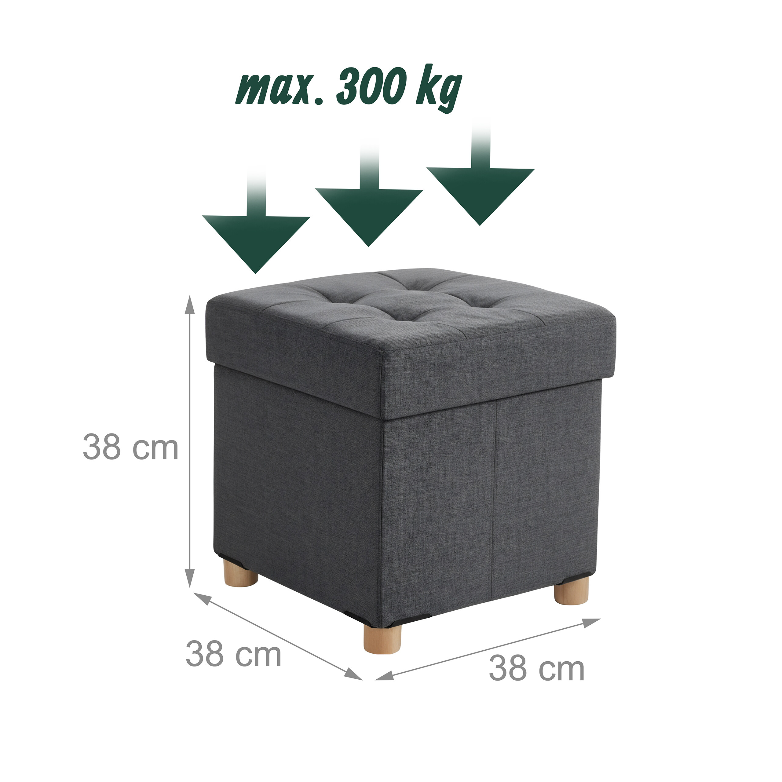 Grauer Stauraumhocker mit Holzbeinen, 38x38x38 cm, max. 300 kg Belastbarkeit.