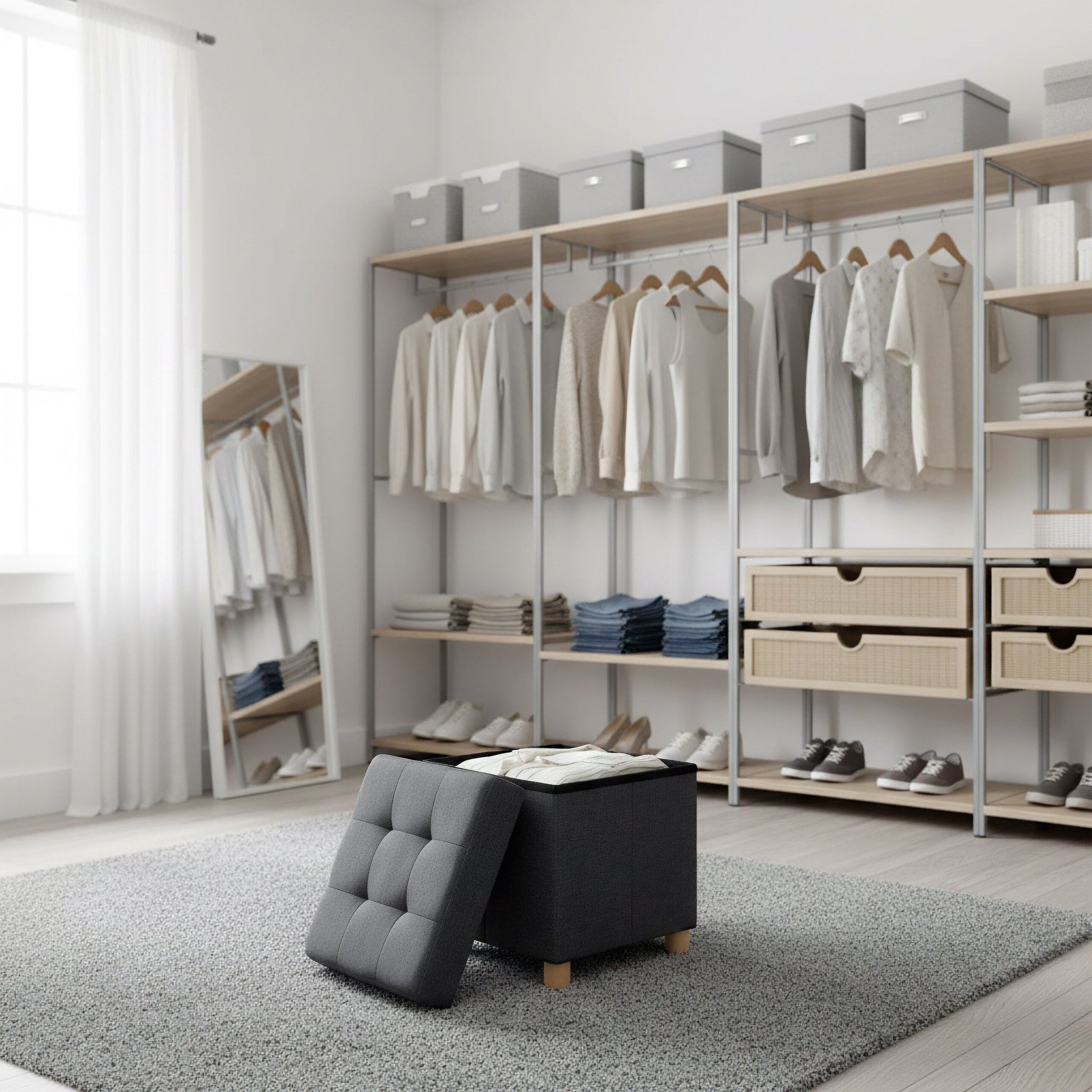 Ein heller begehbarer Kleiderschrank mit grauer Hockerbank und organisierten Kleiderständern.