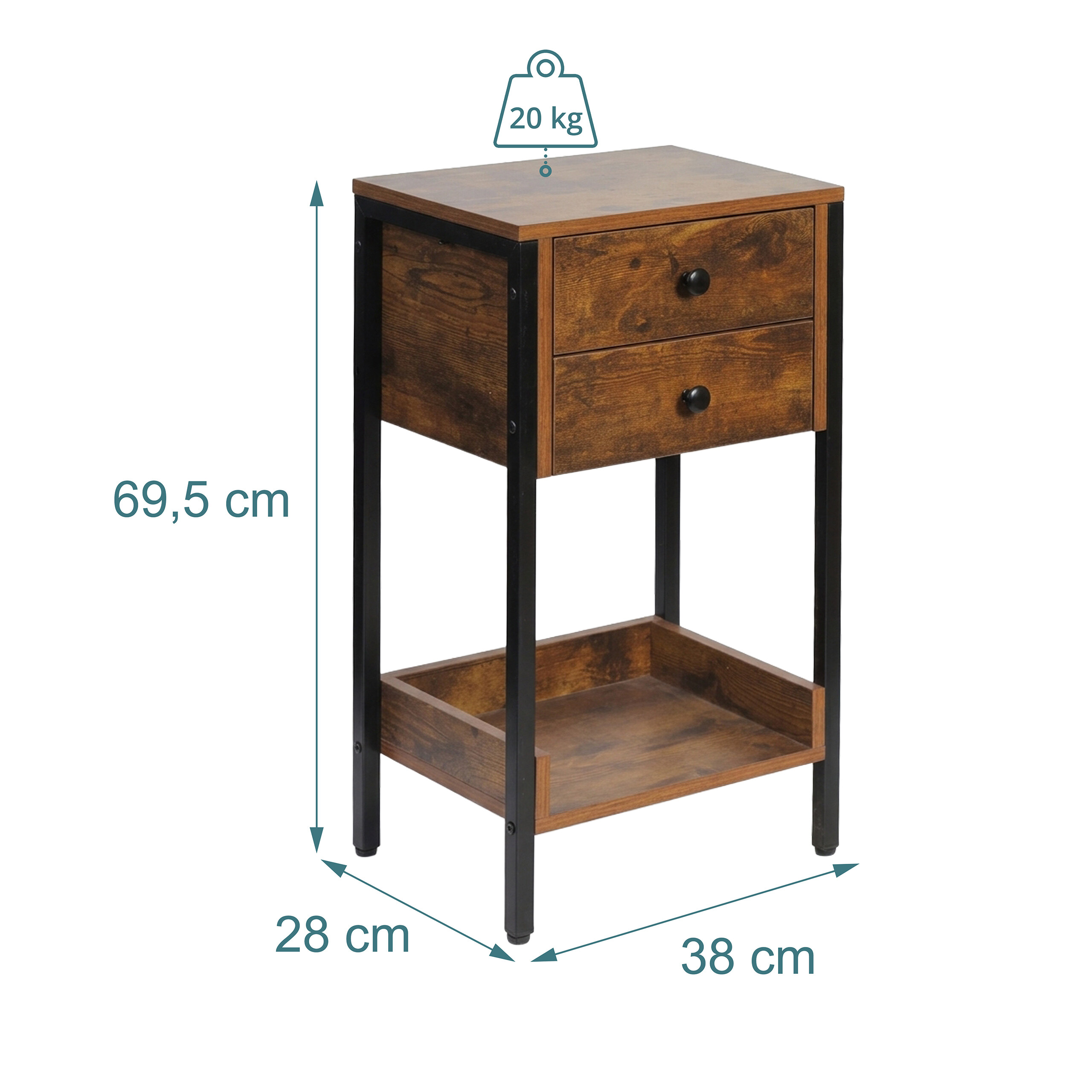 Rustikaler Holznachtschrank mit schwarzem Metallgestell, zwei Schubladen und unterem Fach, mit Maßangaben.