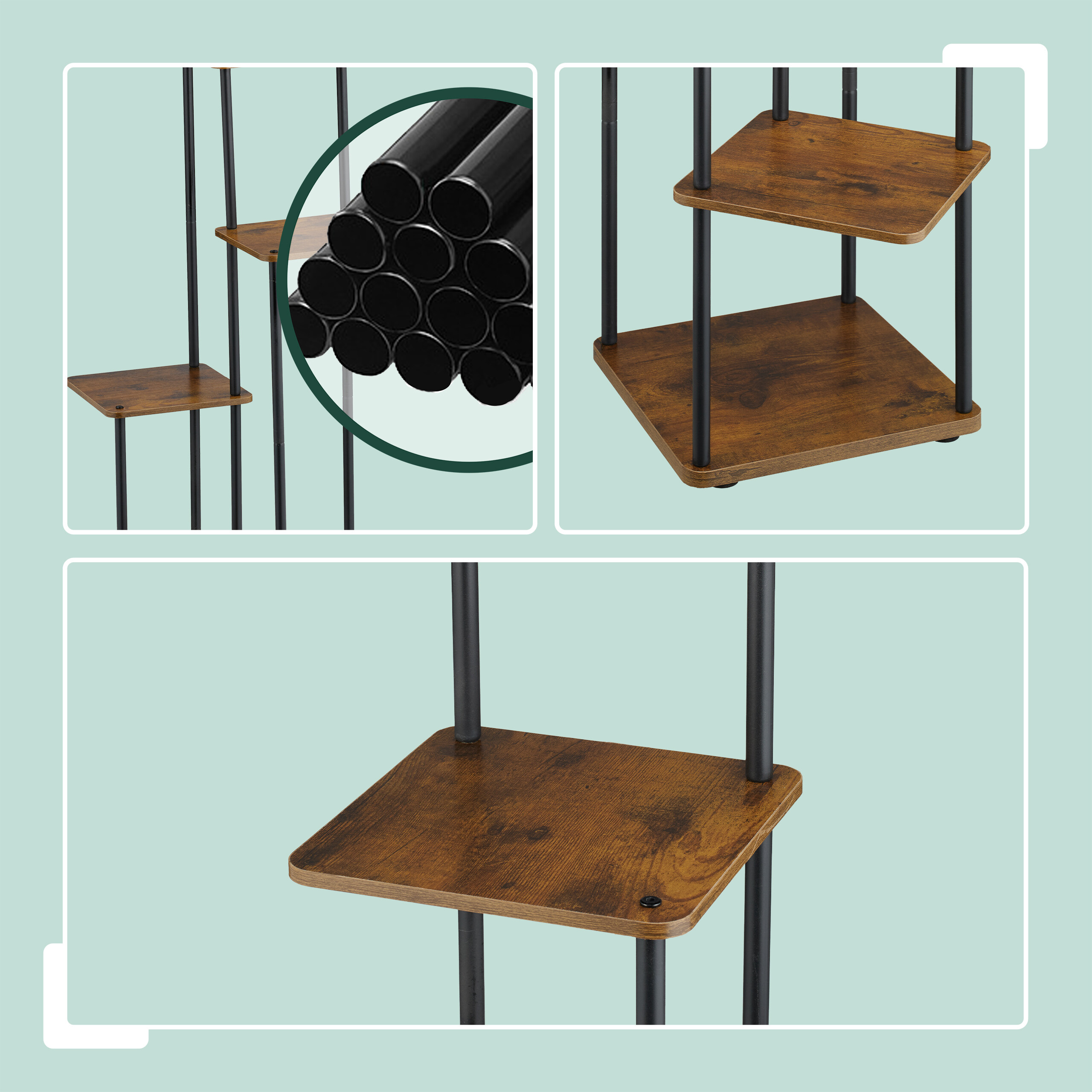 Details eines Holzregals mit schwarzen Metallbeinen und Rohren.