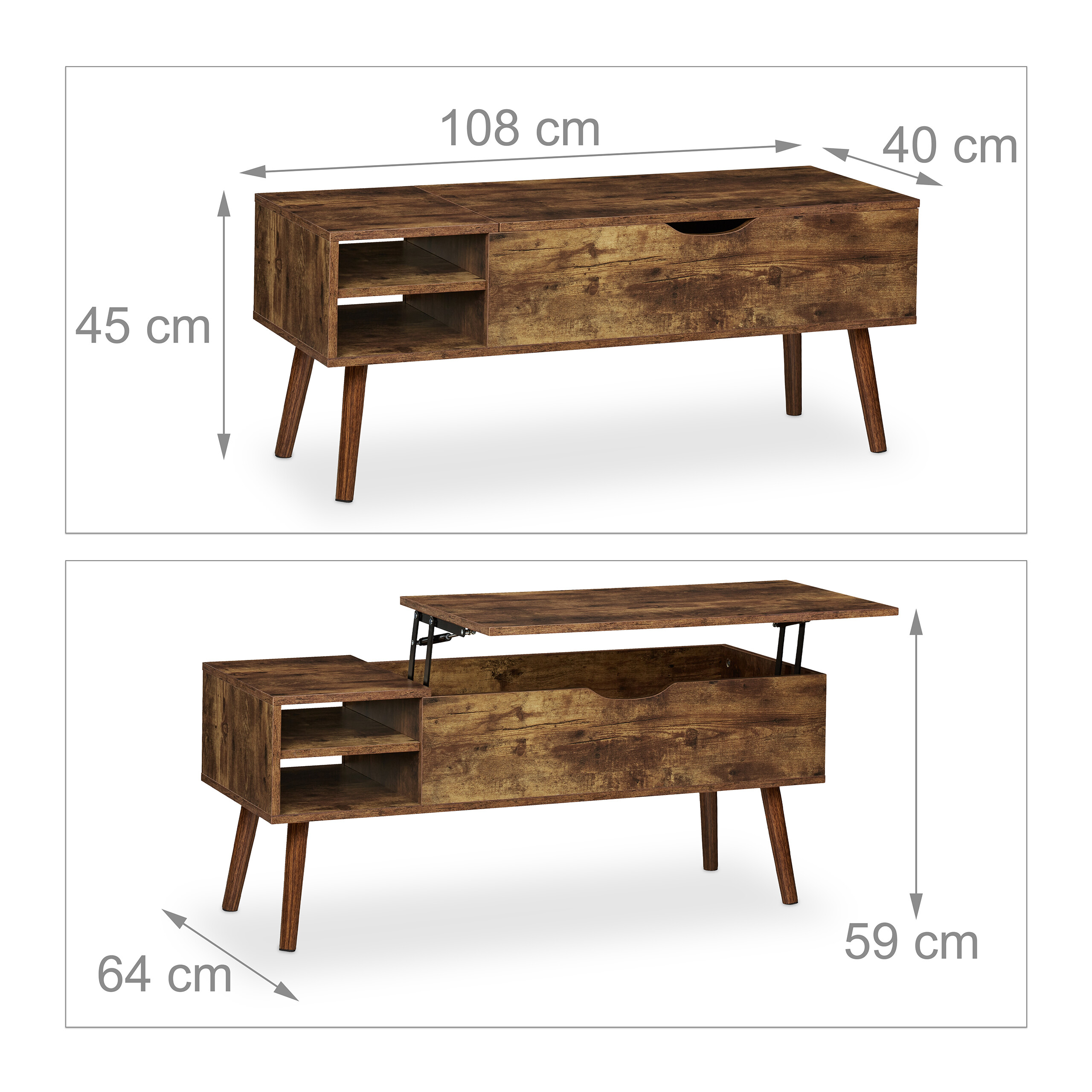 Holzfarbener Couchtisch mit offenen Fächern und einer höhenverstellbaren Tischplatte, inklusive Maßangaben.
