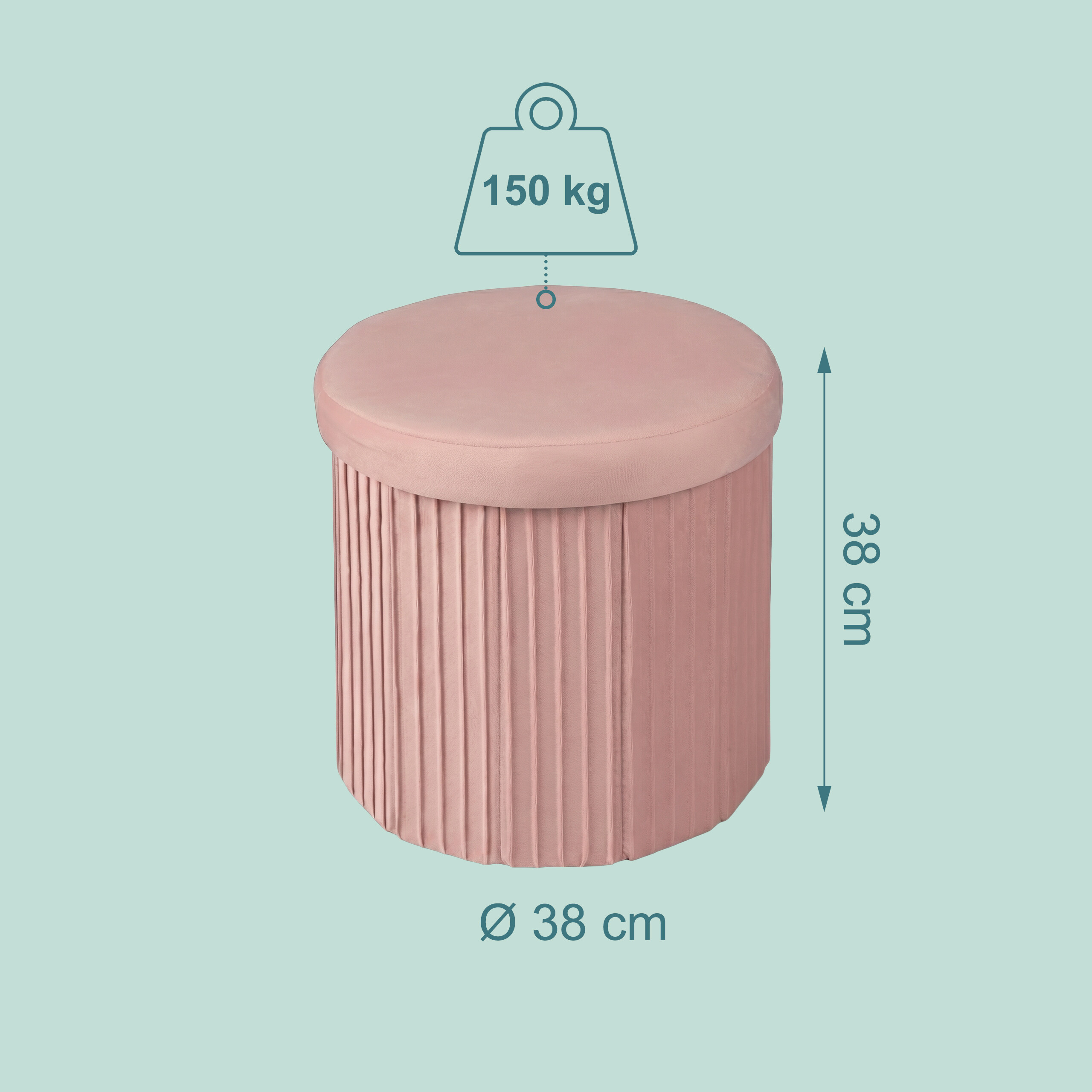 Rosa runder Polsterhocker mit 38 cm Durchmesser, 38 cm Höhe und 150 kg Tragkraft.