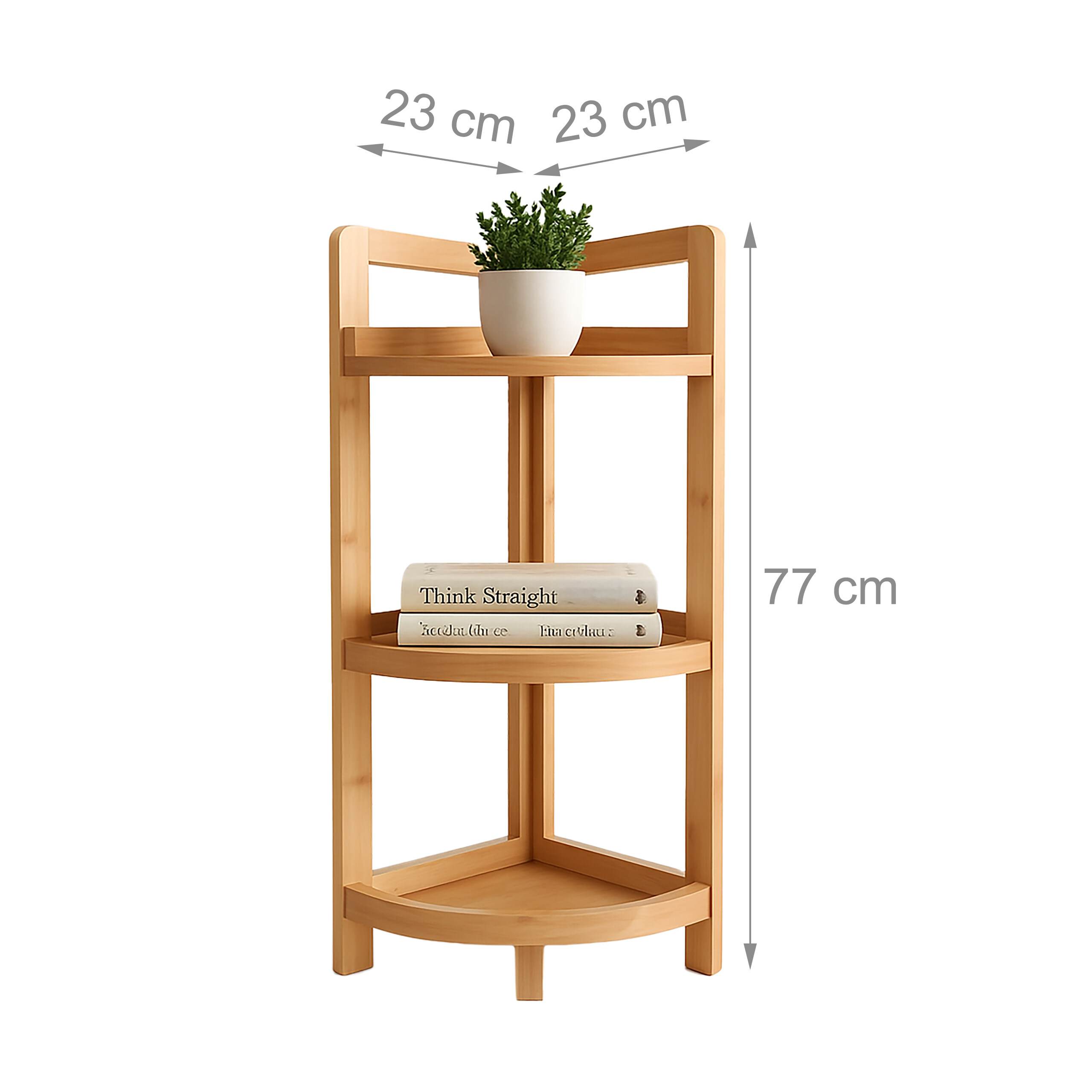 Holz-Eckregal, 77 cm hoch, mit Pflanze und Büchern.