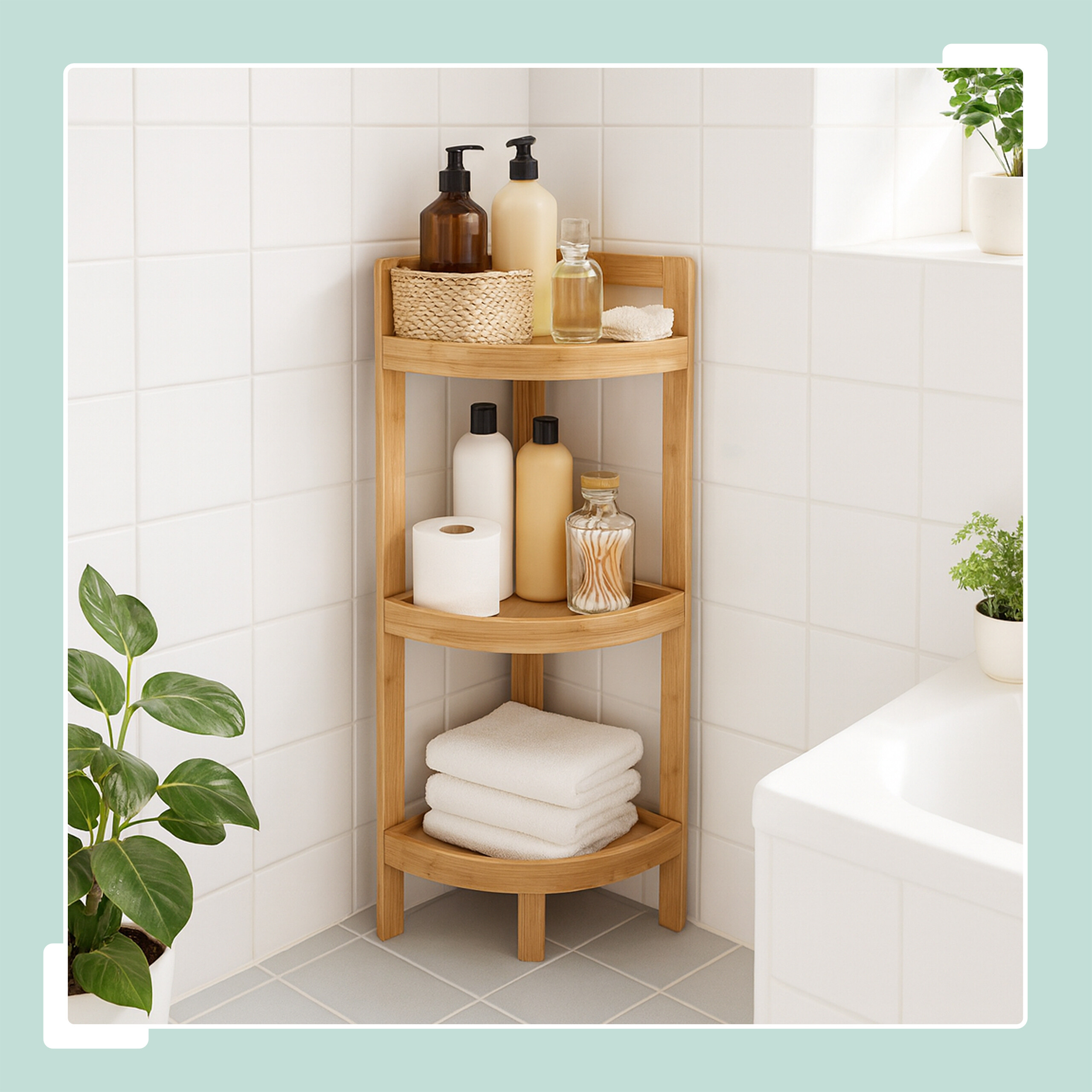 Bambus-Eckregal im Badezimmer mit Flaschen, Toilettenpapier und weißen Handtüchern.