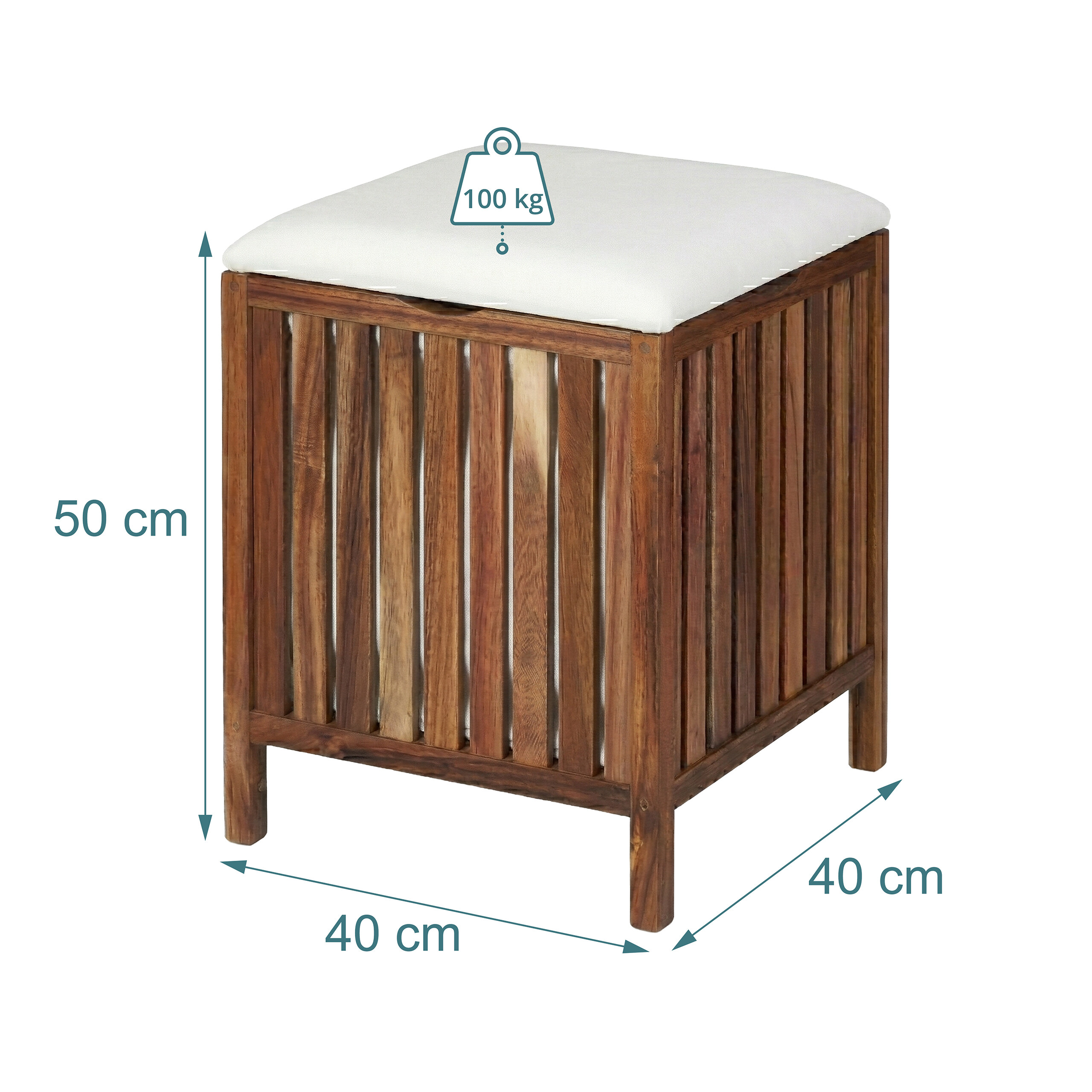Holzhocker mit weißem Kissen, 50 cm Höhe, 40x40 cm Grundfläche und 100 kg Tragkraft.