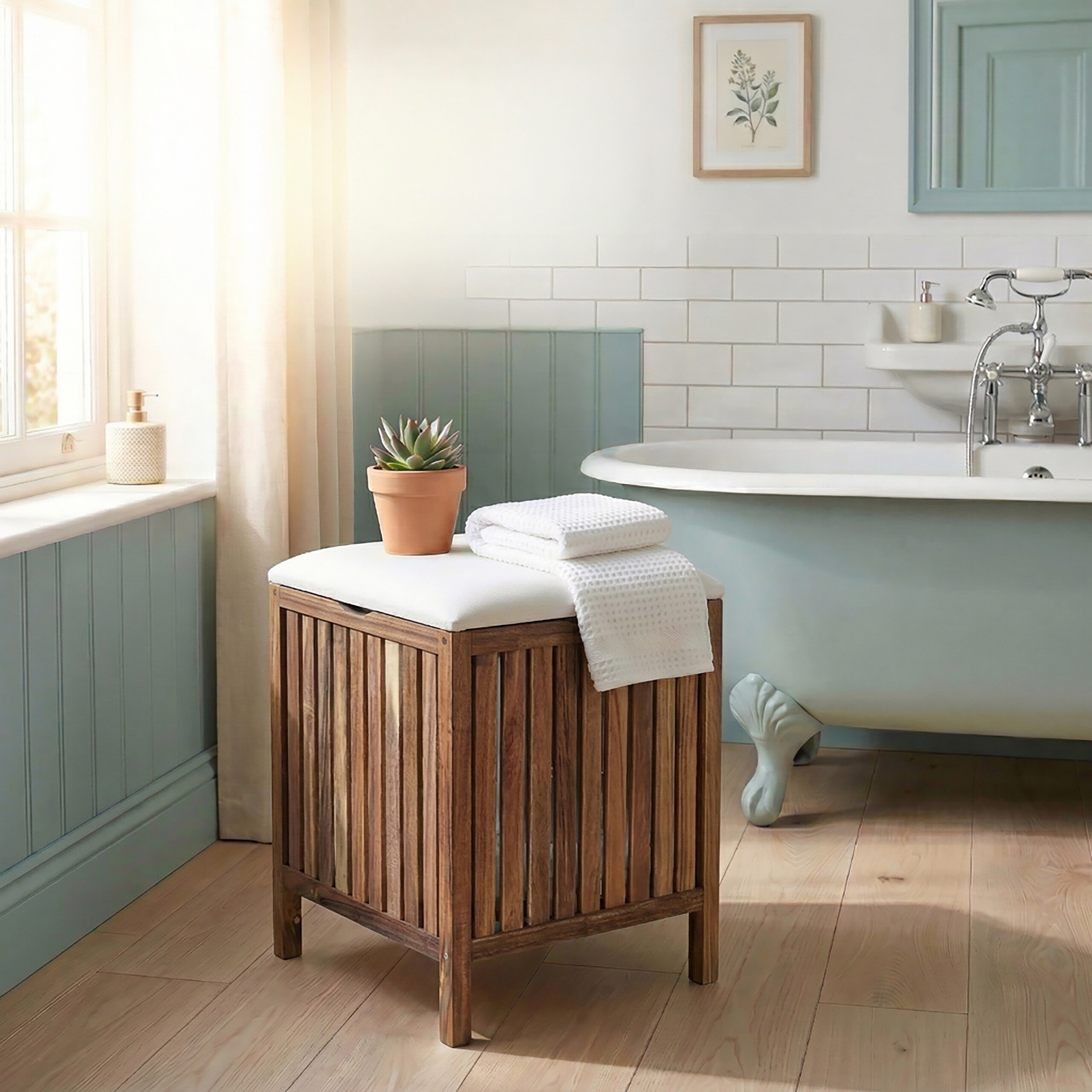 Ein hölzerner Hocker mit weißem Kissen und gefaltetem Handtuch steht vor einer pastellblauen Badewanne in einem hellen Bad.