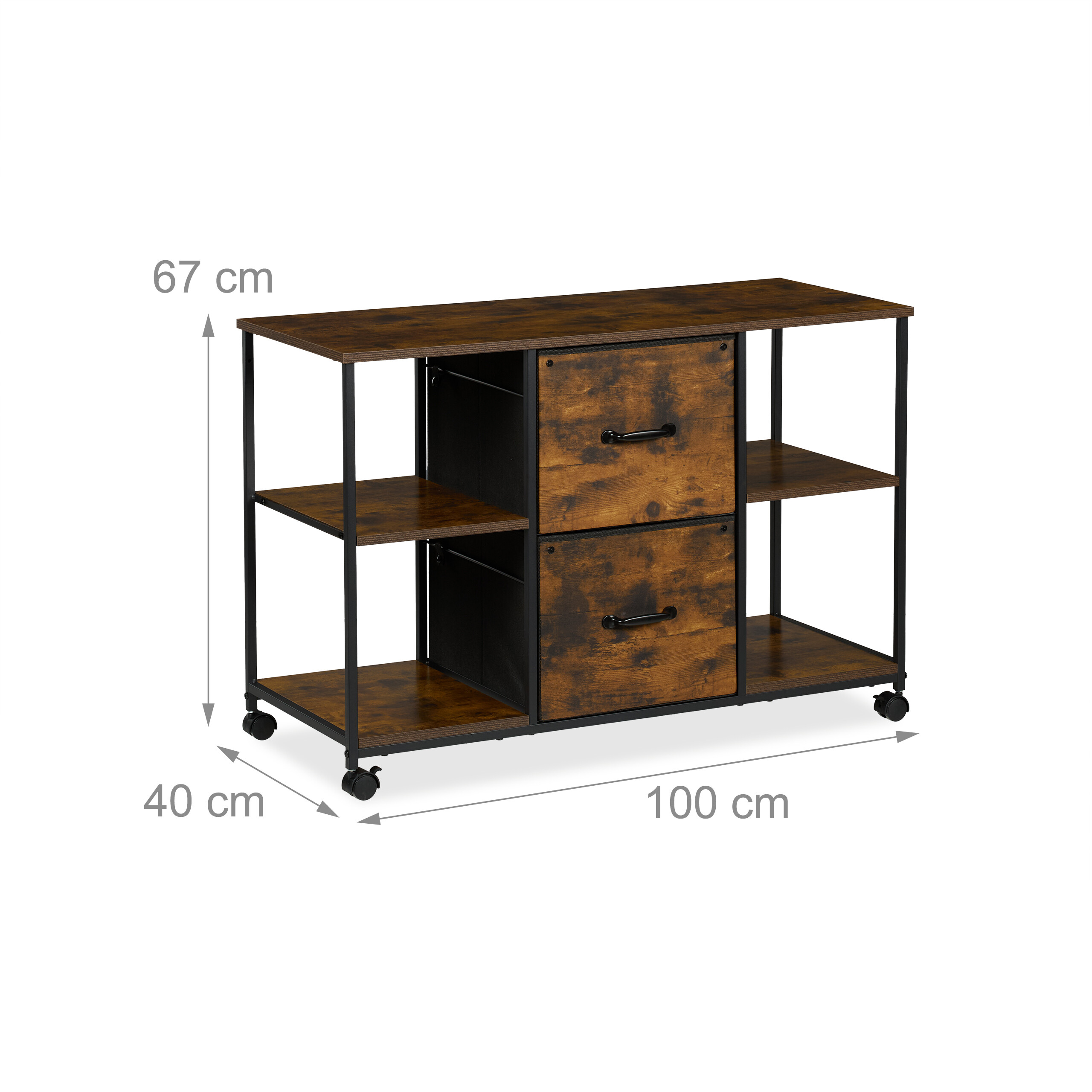 Industriedesign Rollwagen mit Holzoptik, zwei Schubladen, Ablagen und Maßen 100x40x67 cm.
