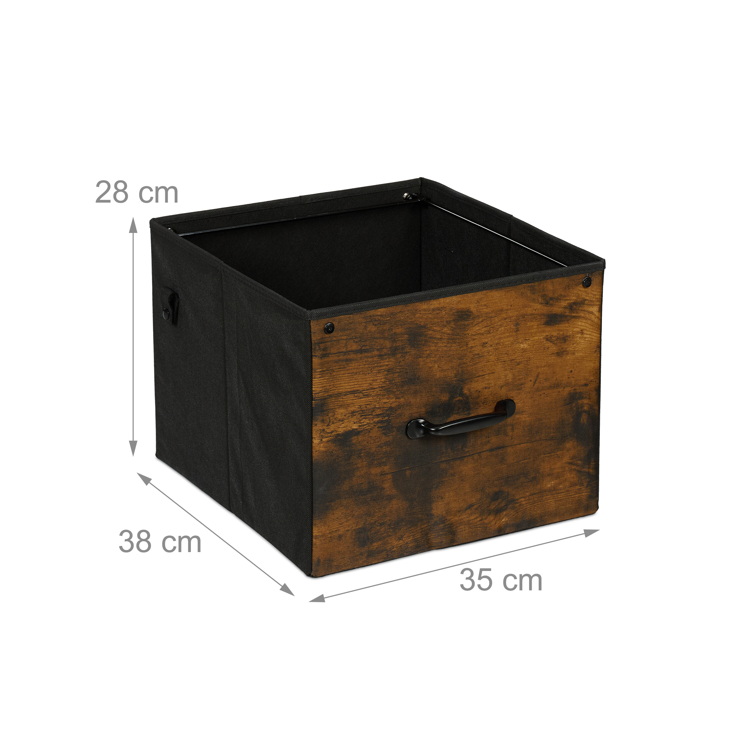 Eine offene schwarze und braune Holzmuster-Aufbewahrungsbox mit Maßen von 35x38x28 cm vor weißem Hintergrund.