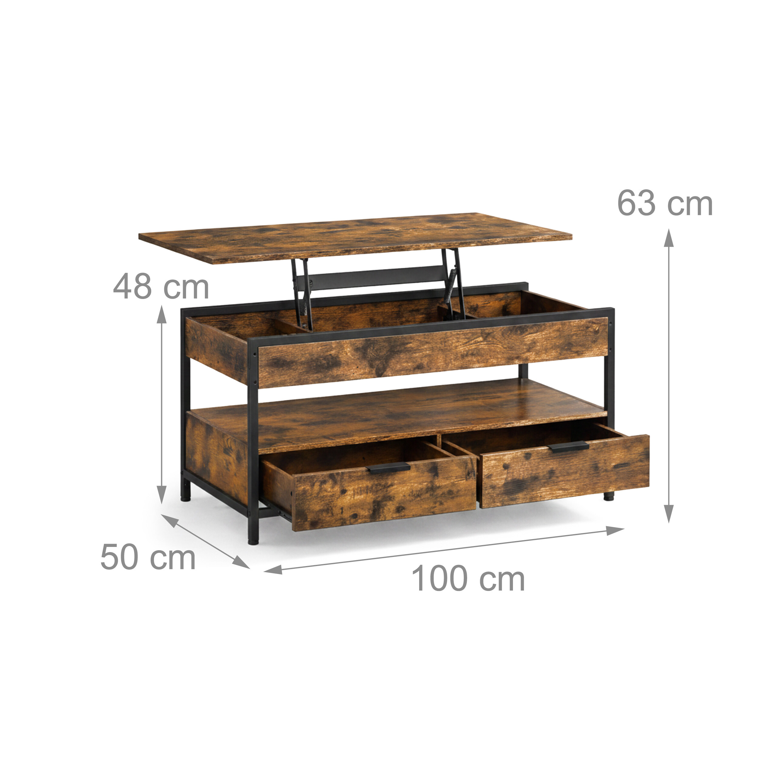 Rustikaler Couchtisch in Braun und Schwarz mit Hubplatte, offenem Fach und zwei Schubladen, mit Maßen.