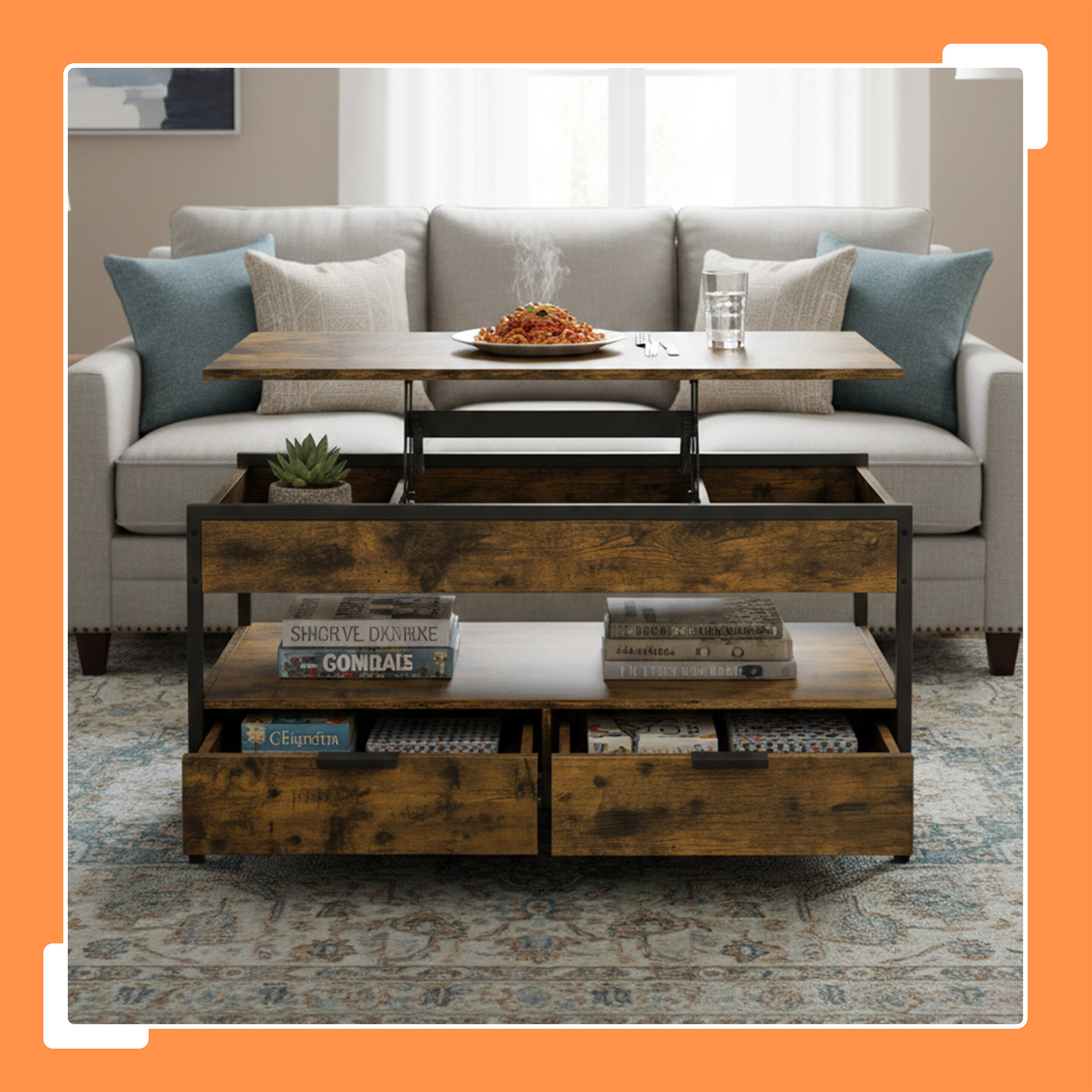 Holz-Couchtisch mit Lift-Top und Staufächern vor einem hellen Sofa.