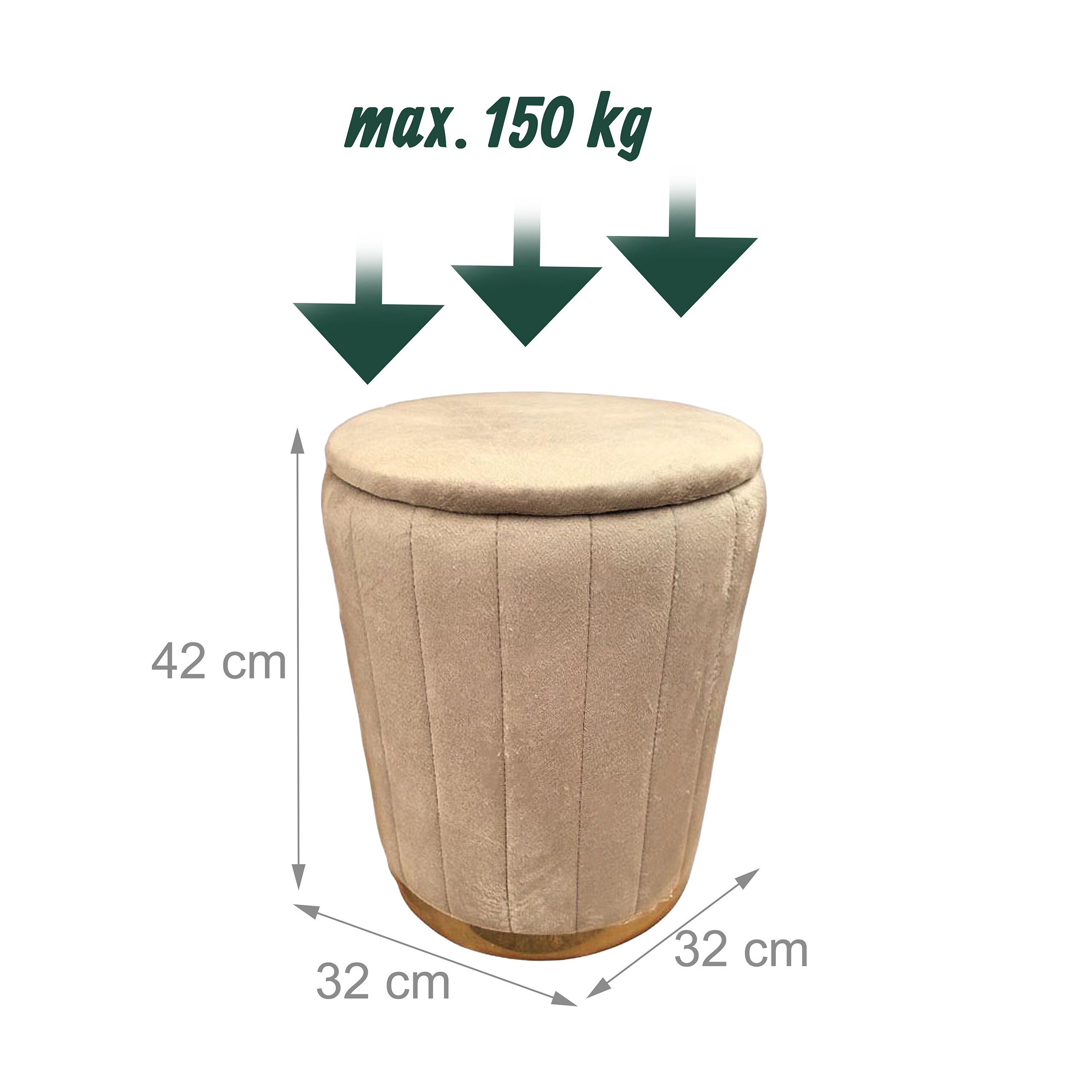Beige gepolsterter Hocker mit Maßen 42x32x32 cm und maximaler Belastung von 150 kg.