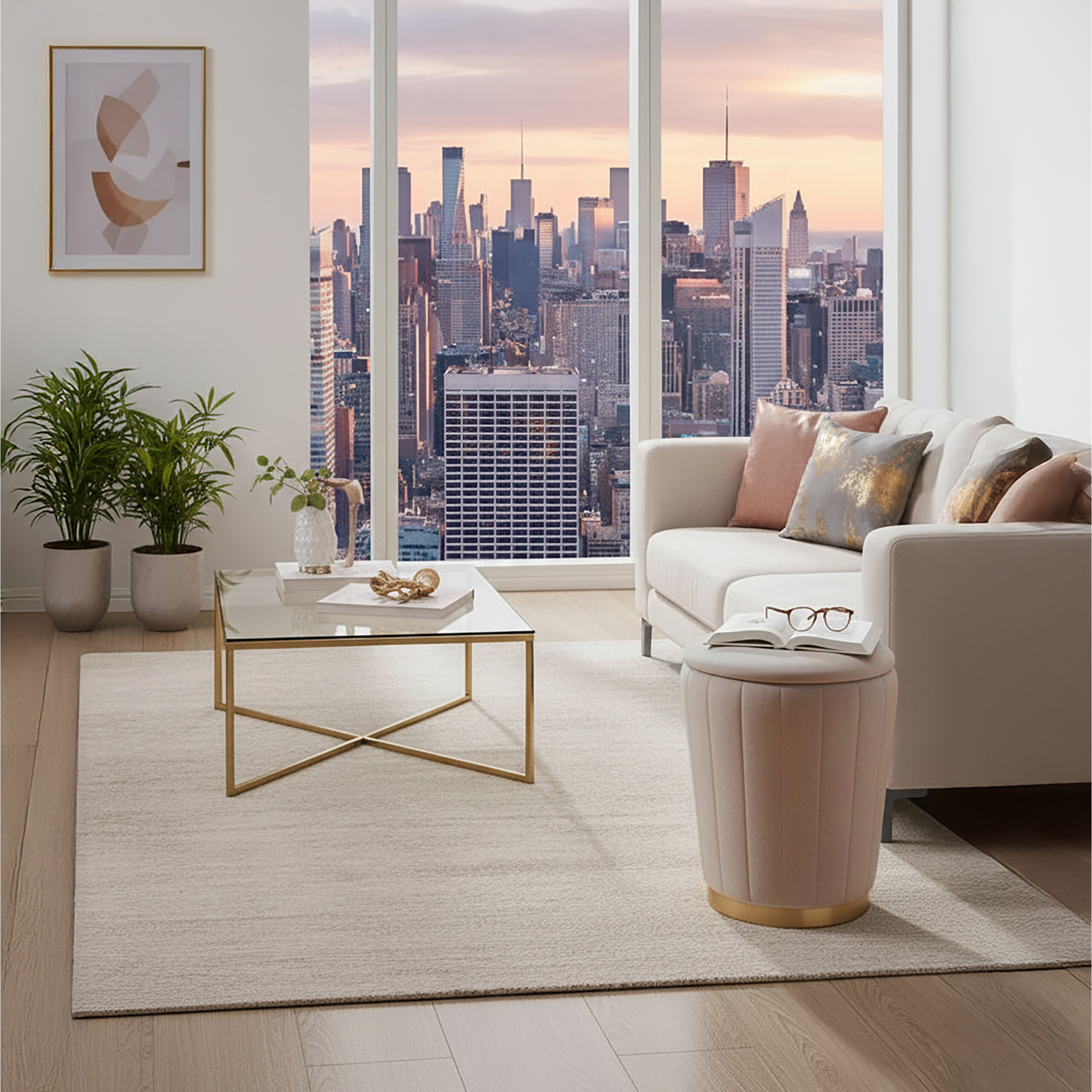 Ein modernes Wohnzimmer mit weißem Sofa, Glastisch und großen Fenstern mit Blick auf eine Skyline bei Sonnenuntergang.