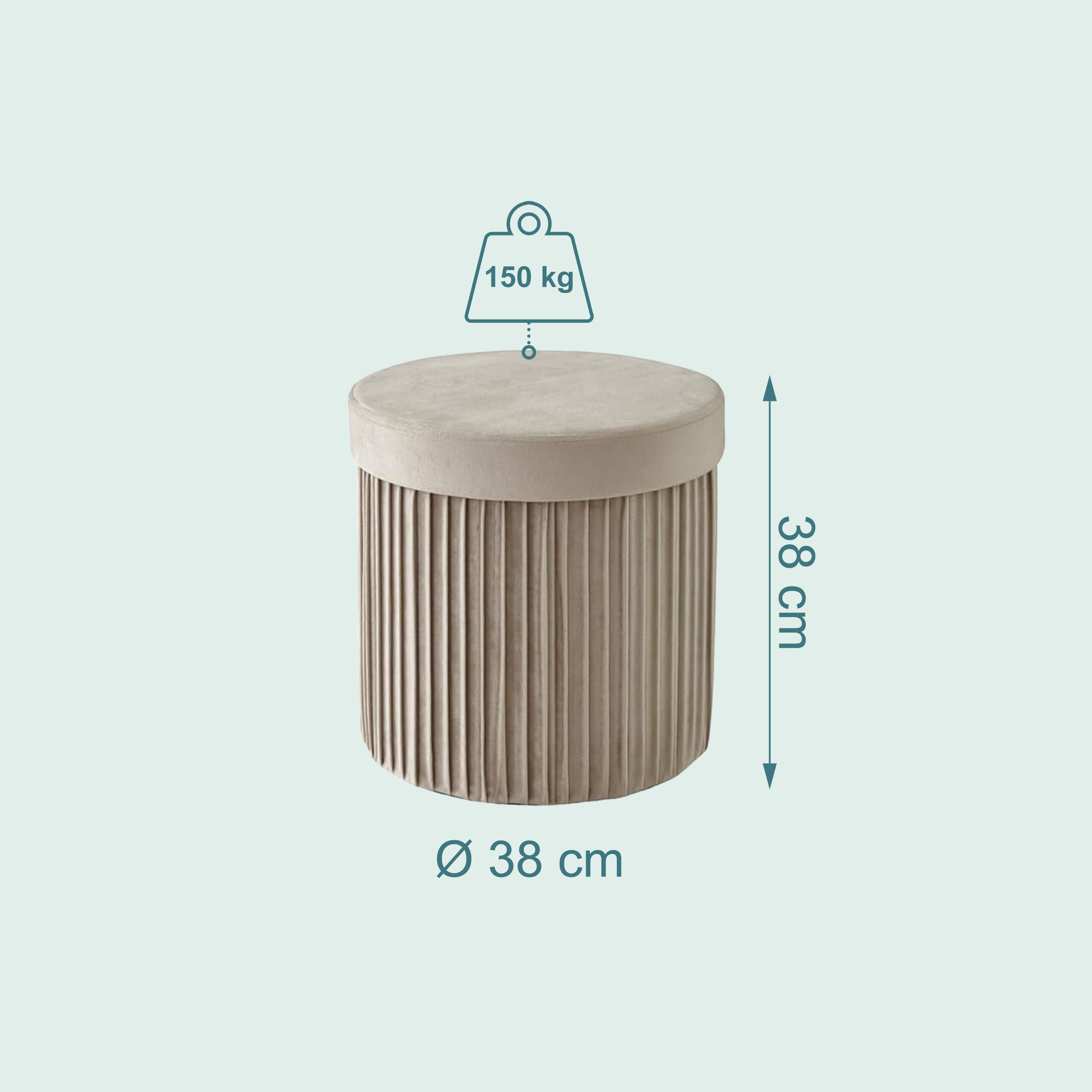 Beige Samt-Hocker mit Stauraum, 38 cm Durchmesser, 38 cm Höhe und 150 kg Tragkraft.