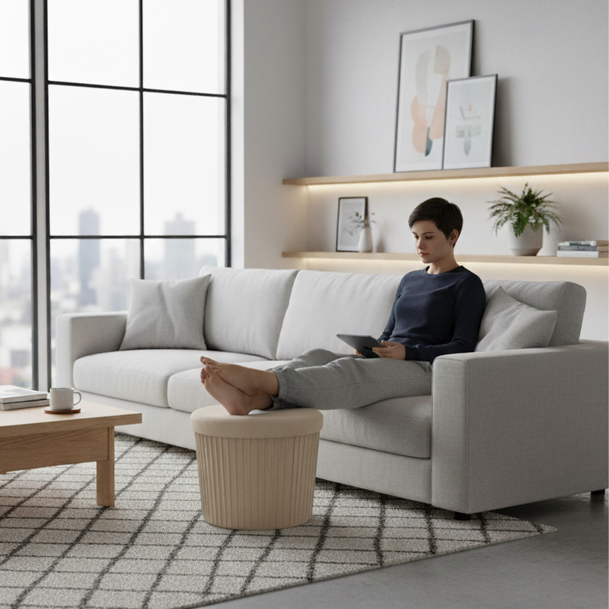 Eine Frau sitzt auf einem hellen Sofa, hält ein Tablet und legt die Füße auf einen kleinen Hocker.