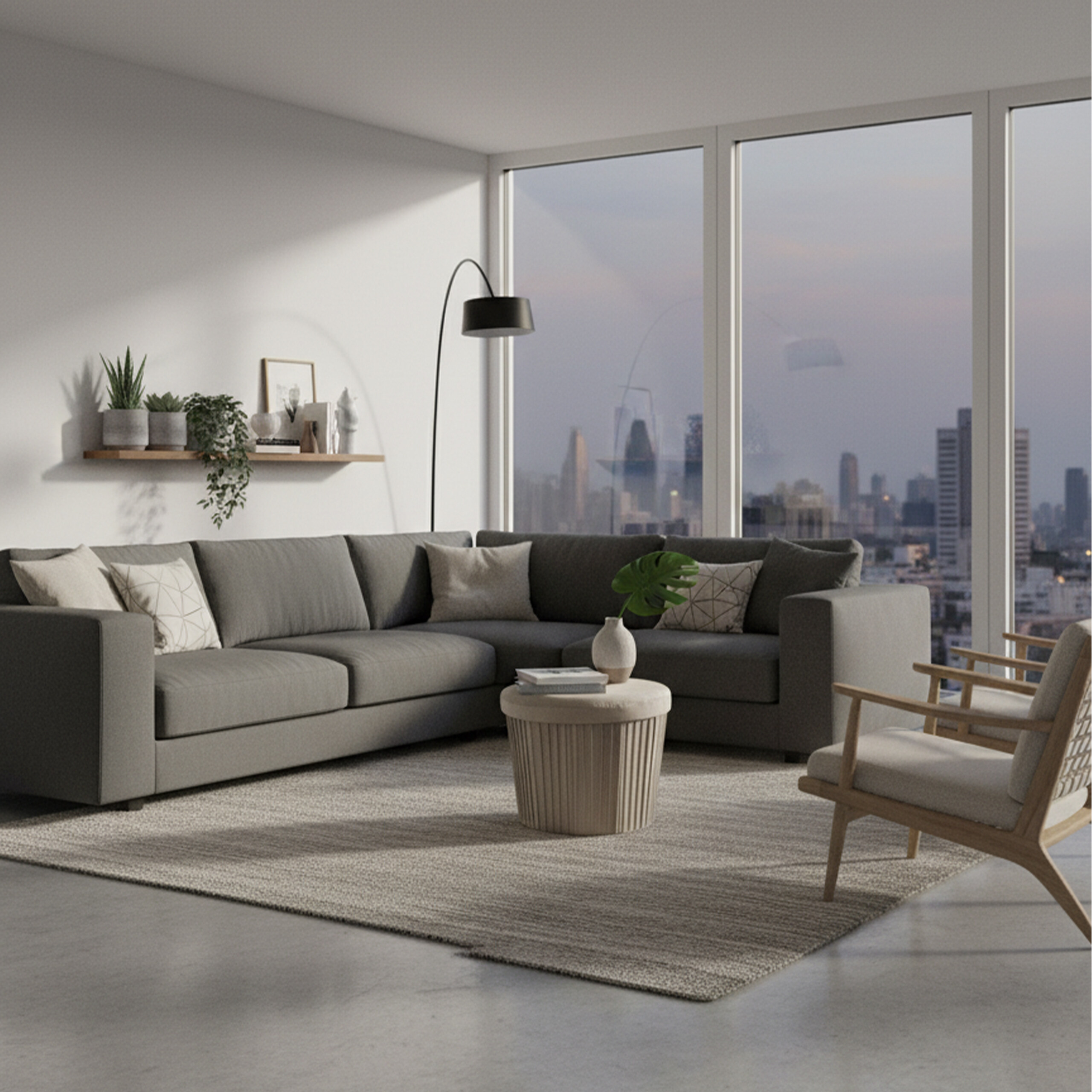 Modernes Wohnzimmer mit grauer Sofagarnitur, Beistelltisch und großer Fensterfront mit Stadtblick.